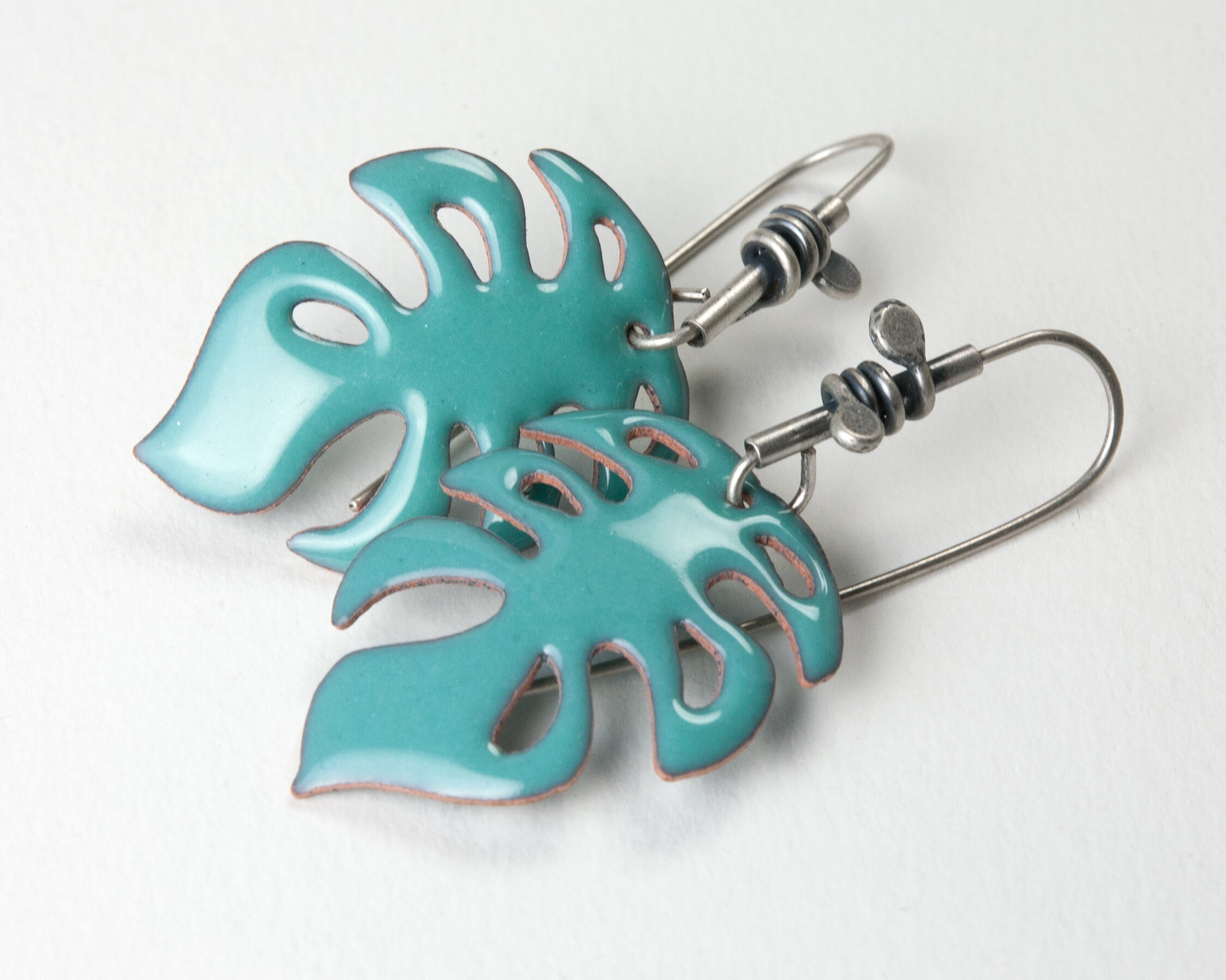 Monstera Leaf Dangles in Seafoam with Sterling Silver Petioles and Stipules