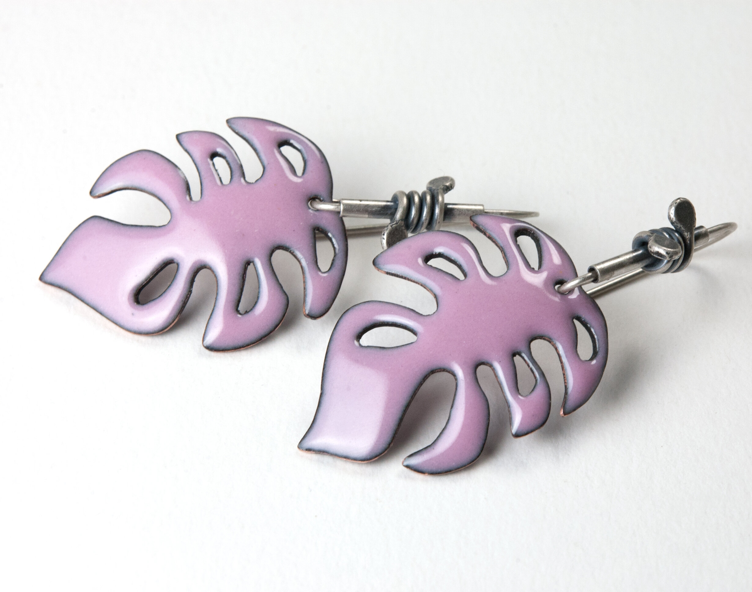 Monstera Leaf Dangles in Pink with Sterling Silver Ear Wires