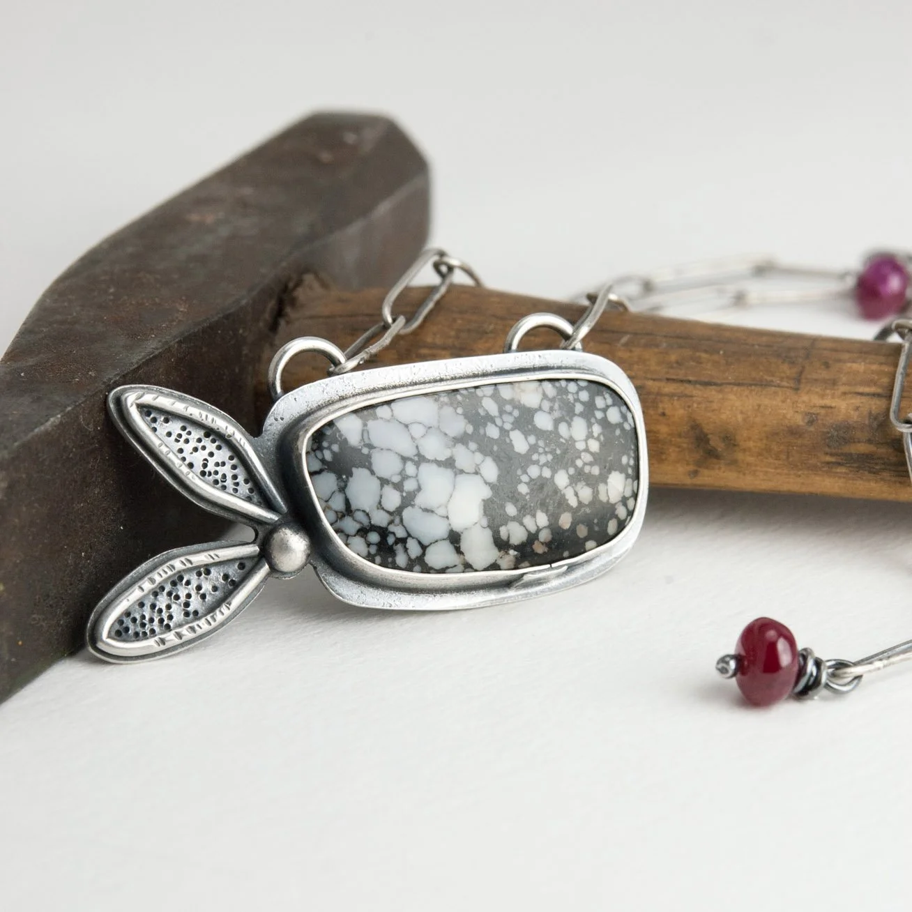 Silver and Magnesite Artisan Pendant with Handmade Paperclip Chain with Ruby Accents by Tammi Sloan of My Brown Wren