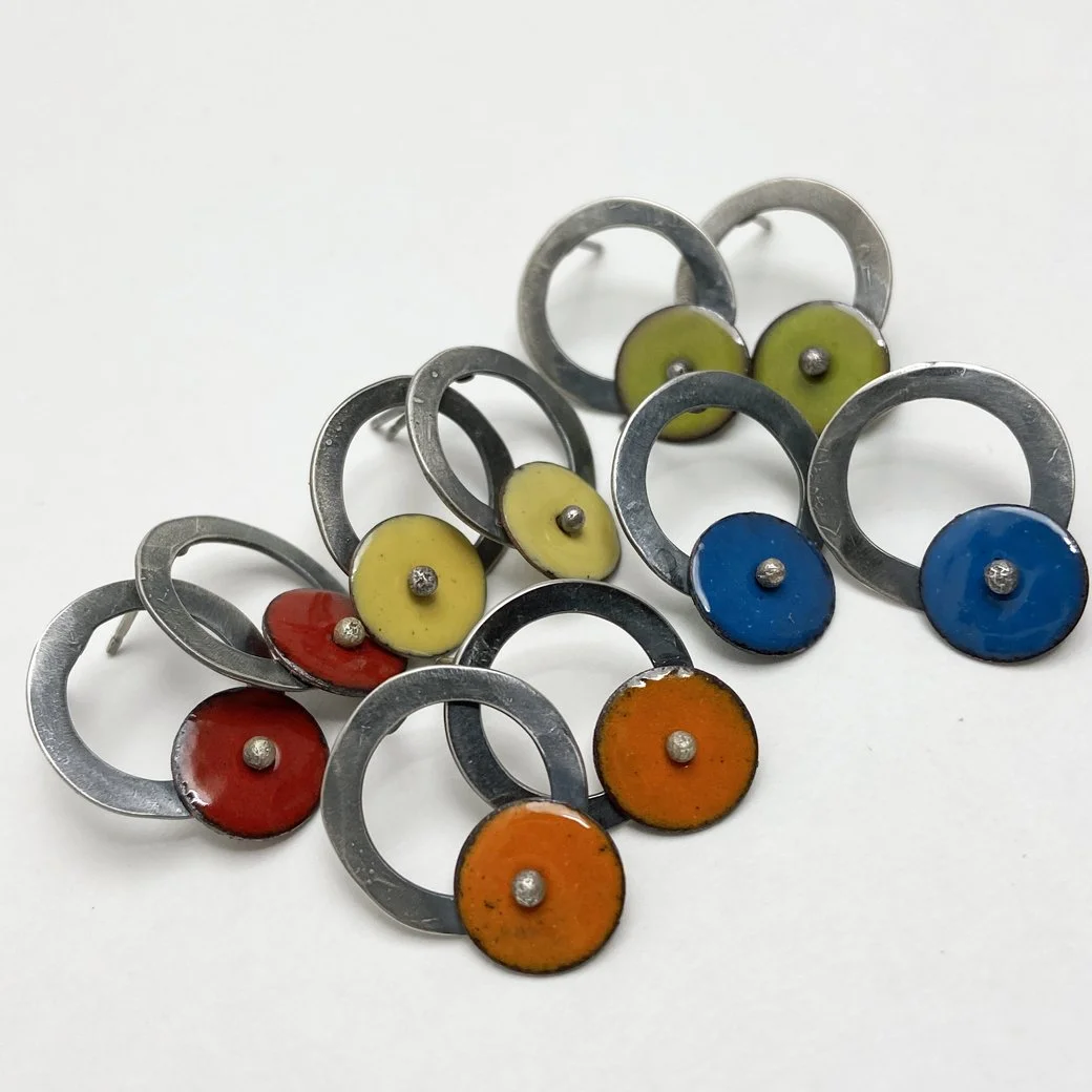 Colorful and Fun Silver Hoop Studs with Enameled Disks