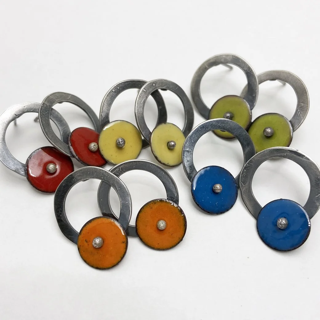 Colorful and Fun Silver Hoop Studs with Enameled Disks