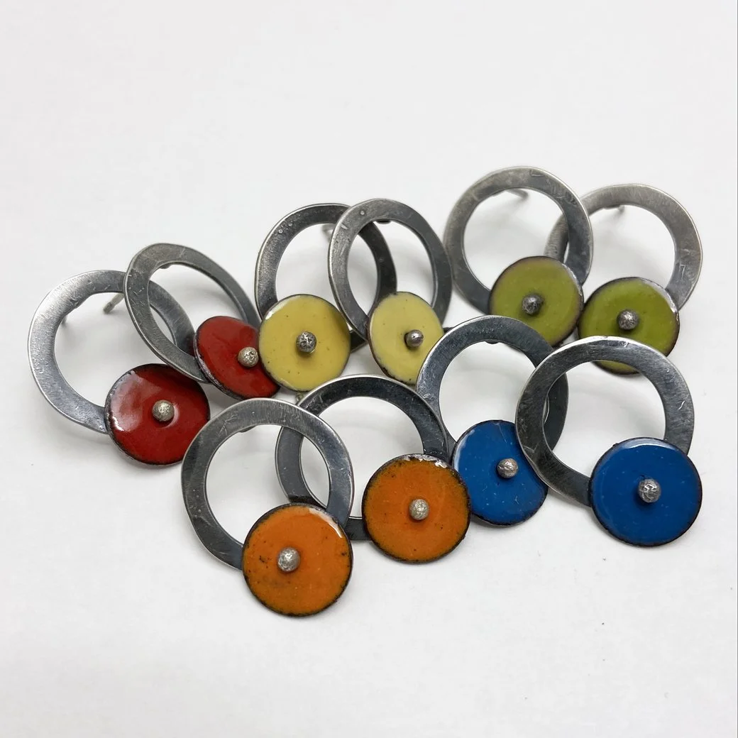 Colorful and Fun Silver Hoop Studs with Enameled Disks