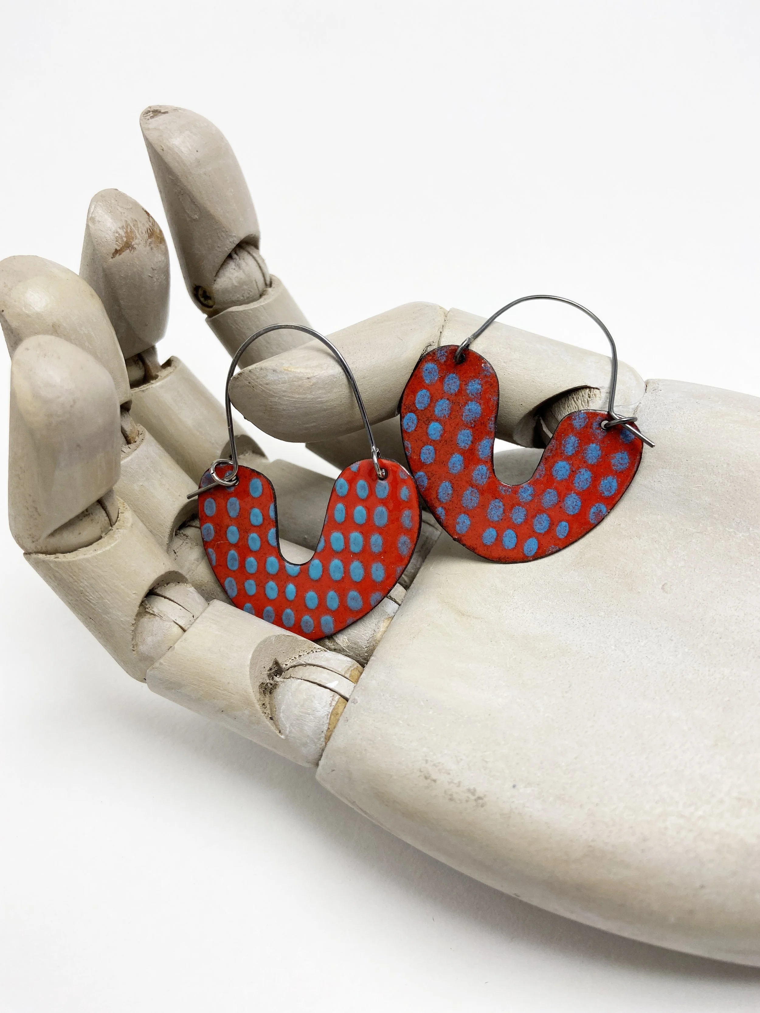 Big Enameled Steel Polka Dot Hoops in Red and Blue