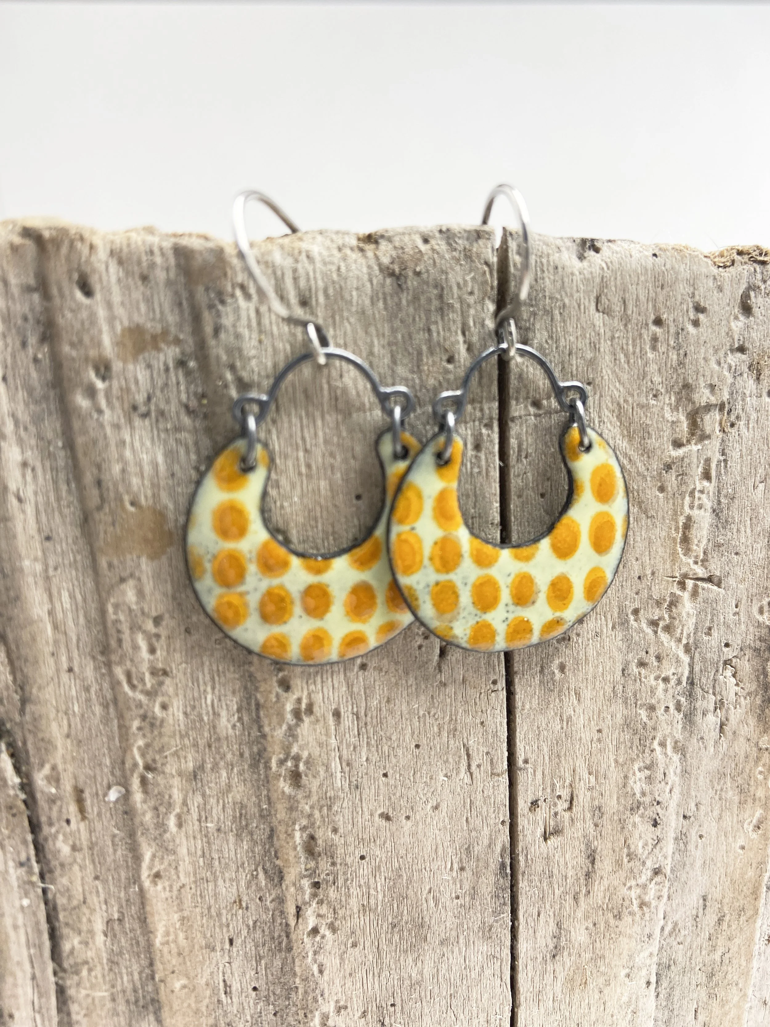 Small Enameled Steel Crescent Hoop Dangles in Melon and Orange