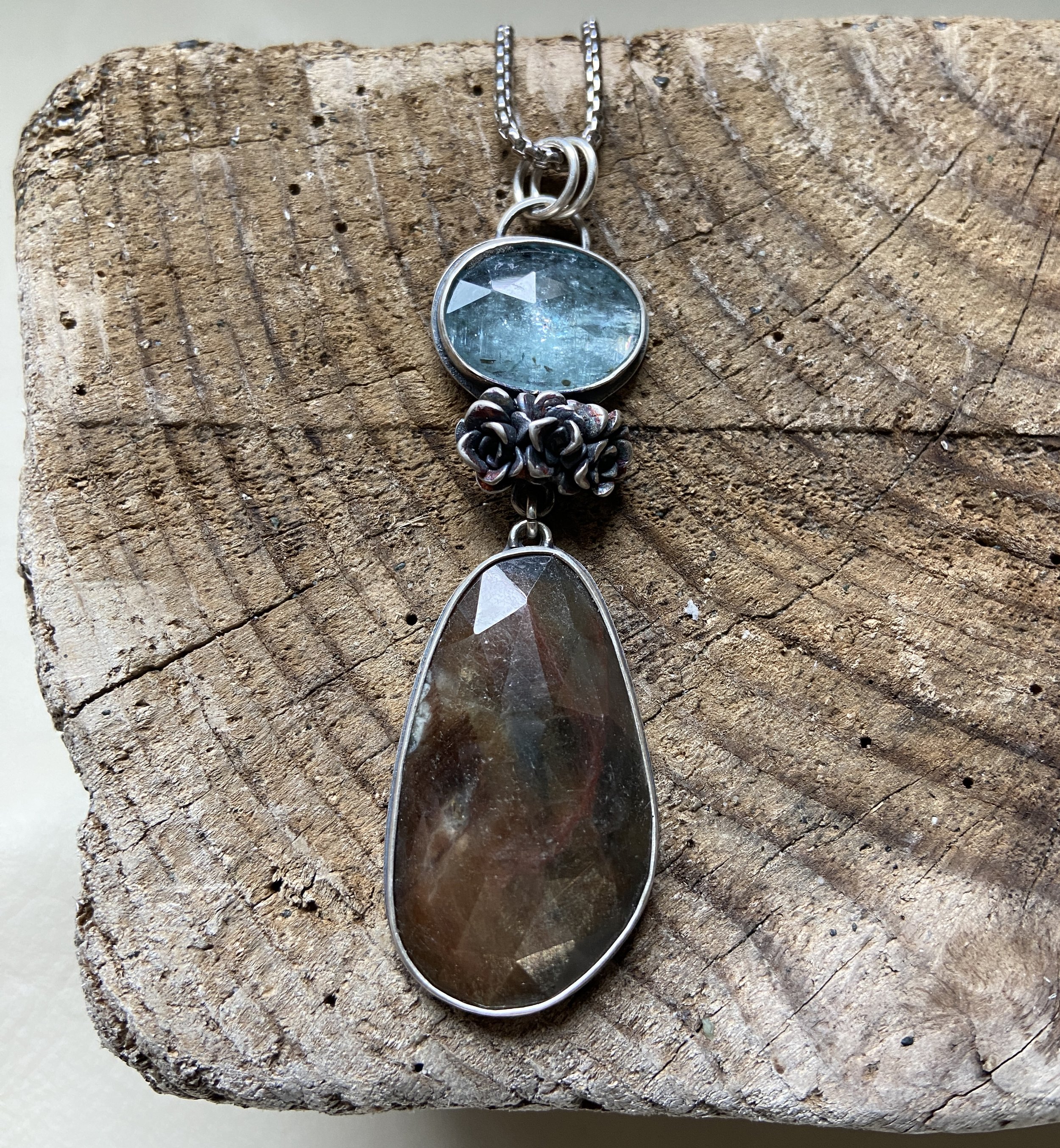 Sapphire and Kyanite Necklace with Cast Silver Succulent Cluster