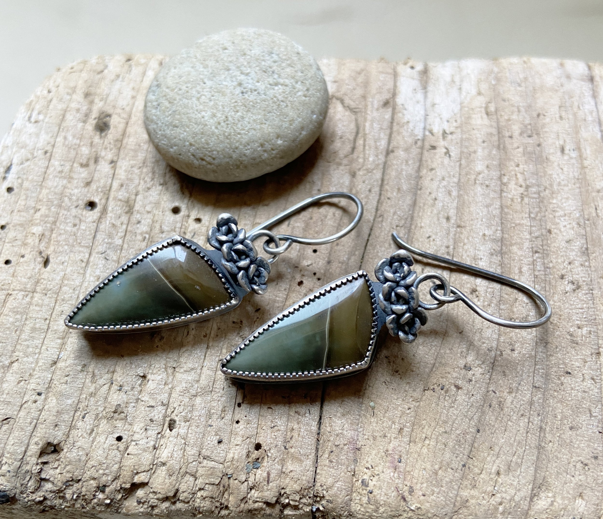 Polychrome Jasper Earrings with Cast Silver Succulent Cluster