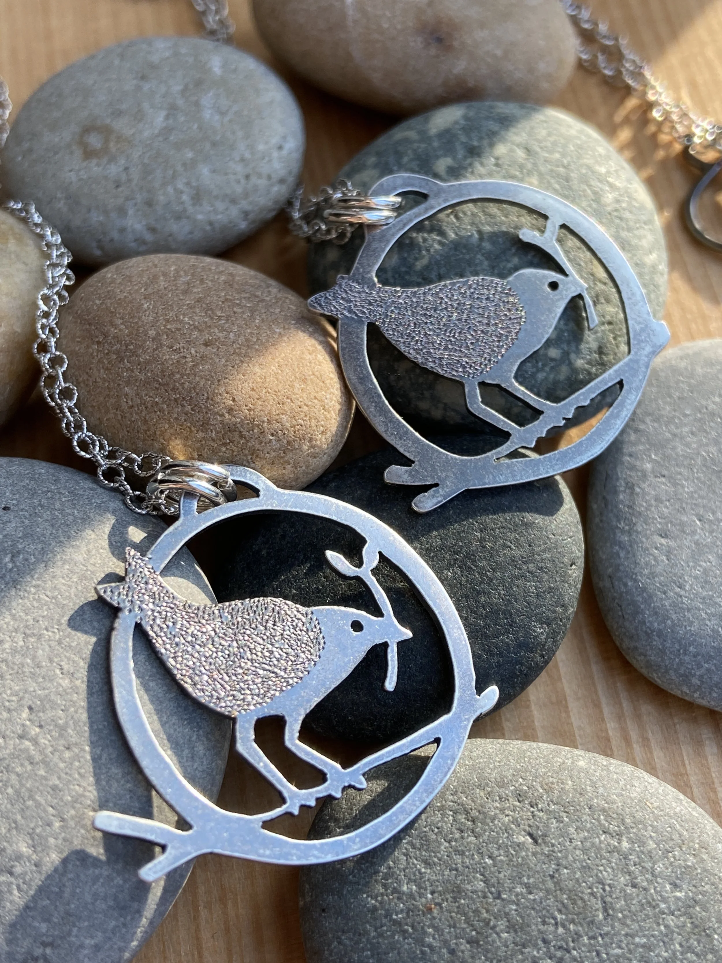 Sweet Little Saw Pierced Wren Pendant Necklace