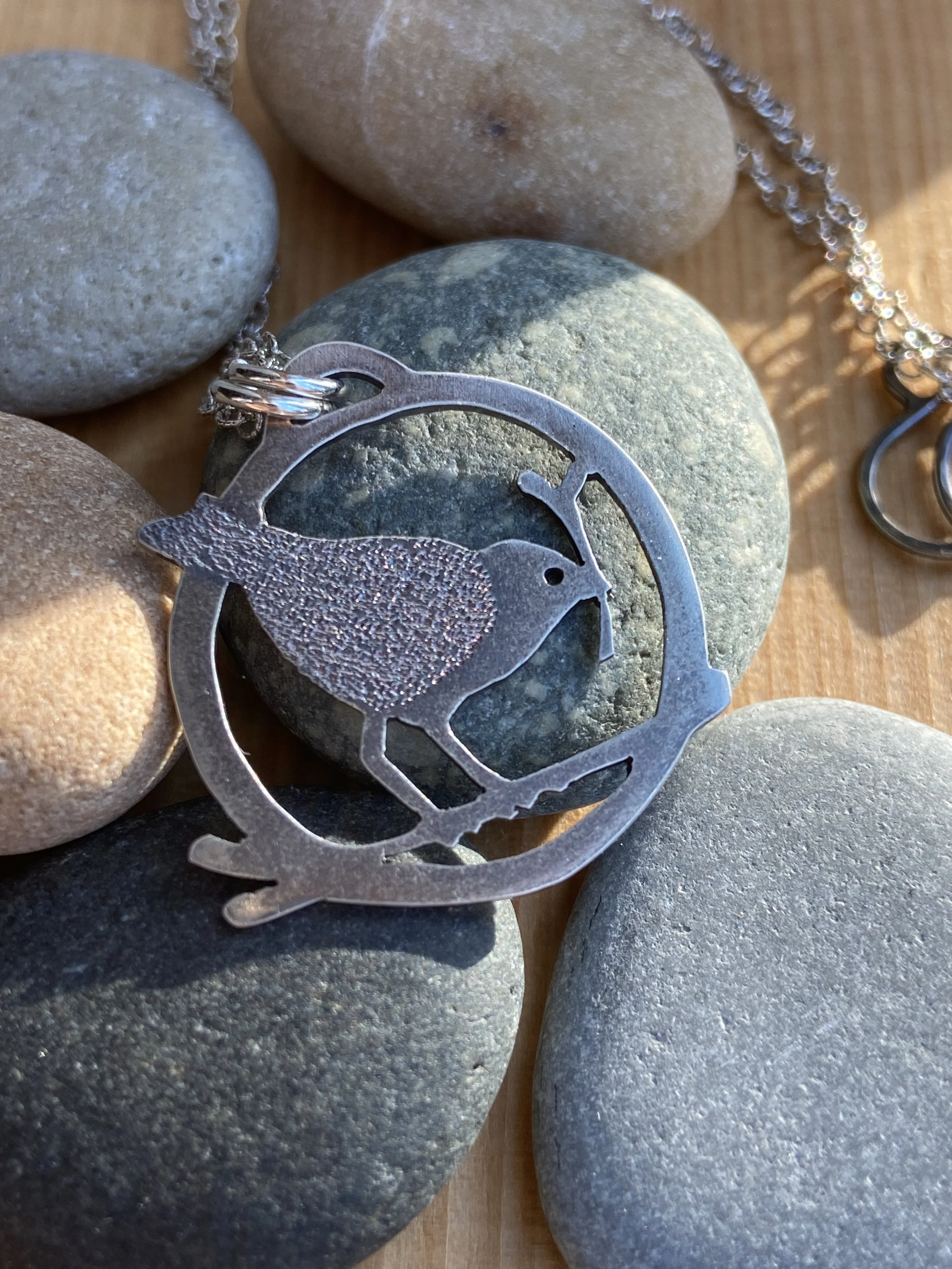 Sweet Little Silver Wren Saw Pierced Pendant Necklace by My Brown Wren