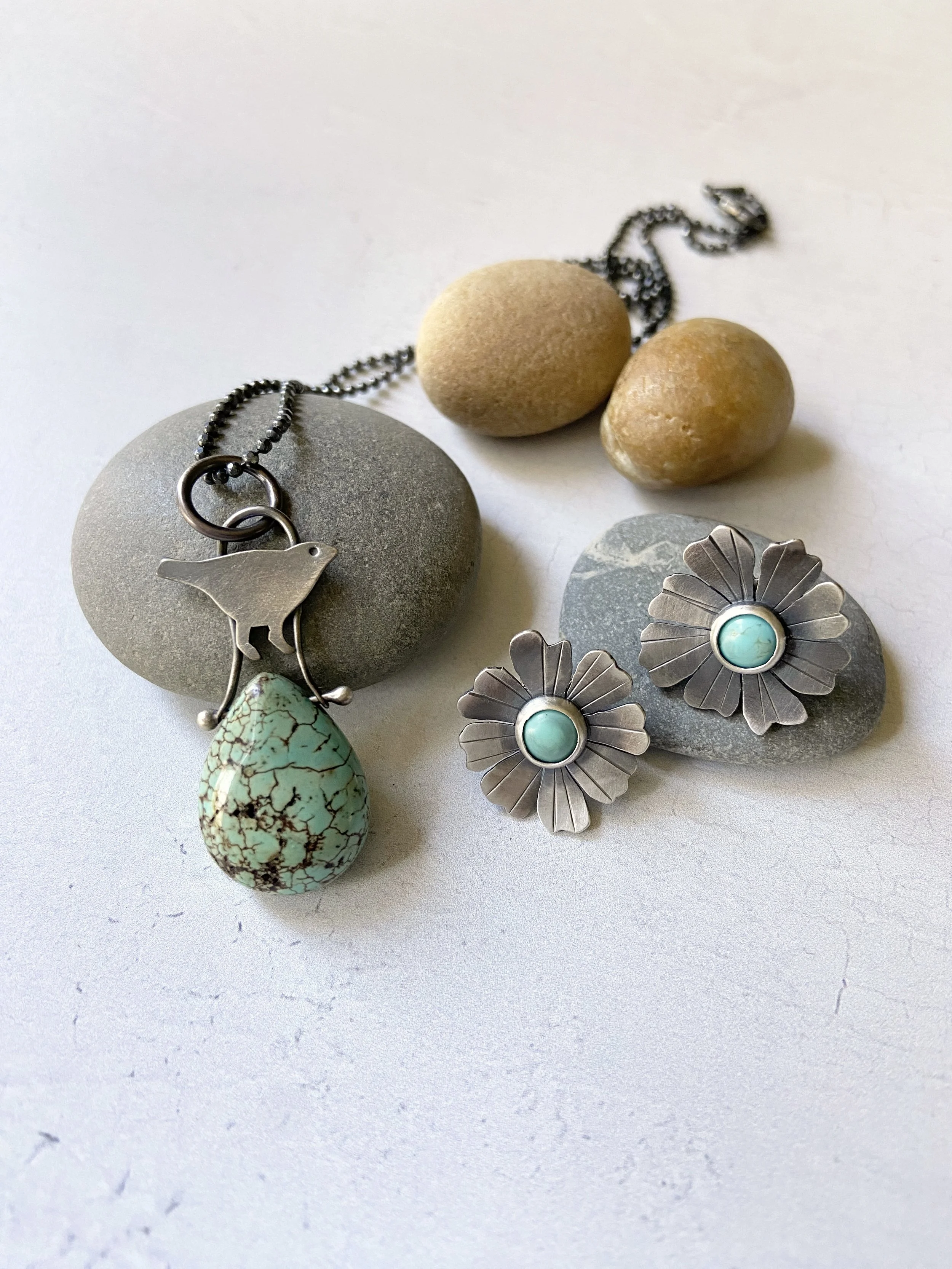 Turquoise Daisy Post Earrings and Put A Wren On It Pendant by Tammi Sloan