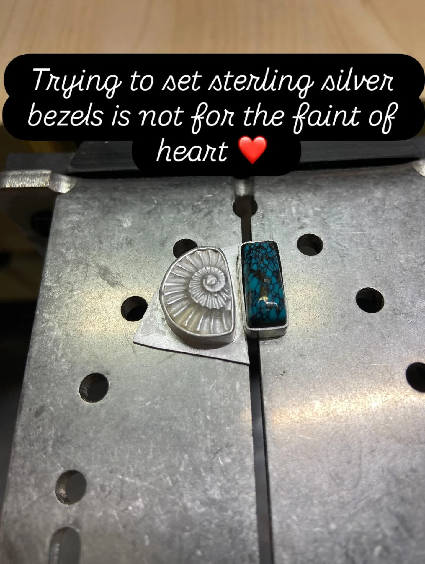 Yup, you got that right&hellip; 24g sterling silver bezels on this ring topper. Evidently, the vickers hardness of fine silver bezels makes it more likely to fail. I&rsquo;m going to try this, but I&rsquo;m concerned with that turquoise which is much
