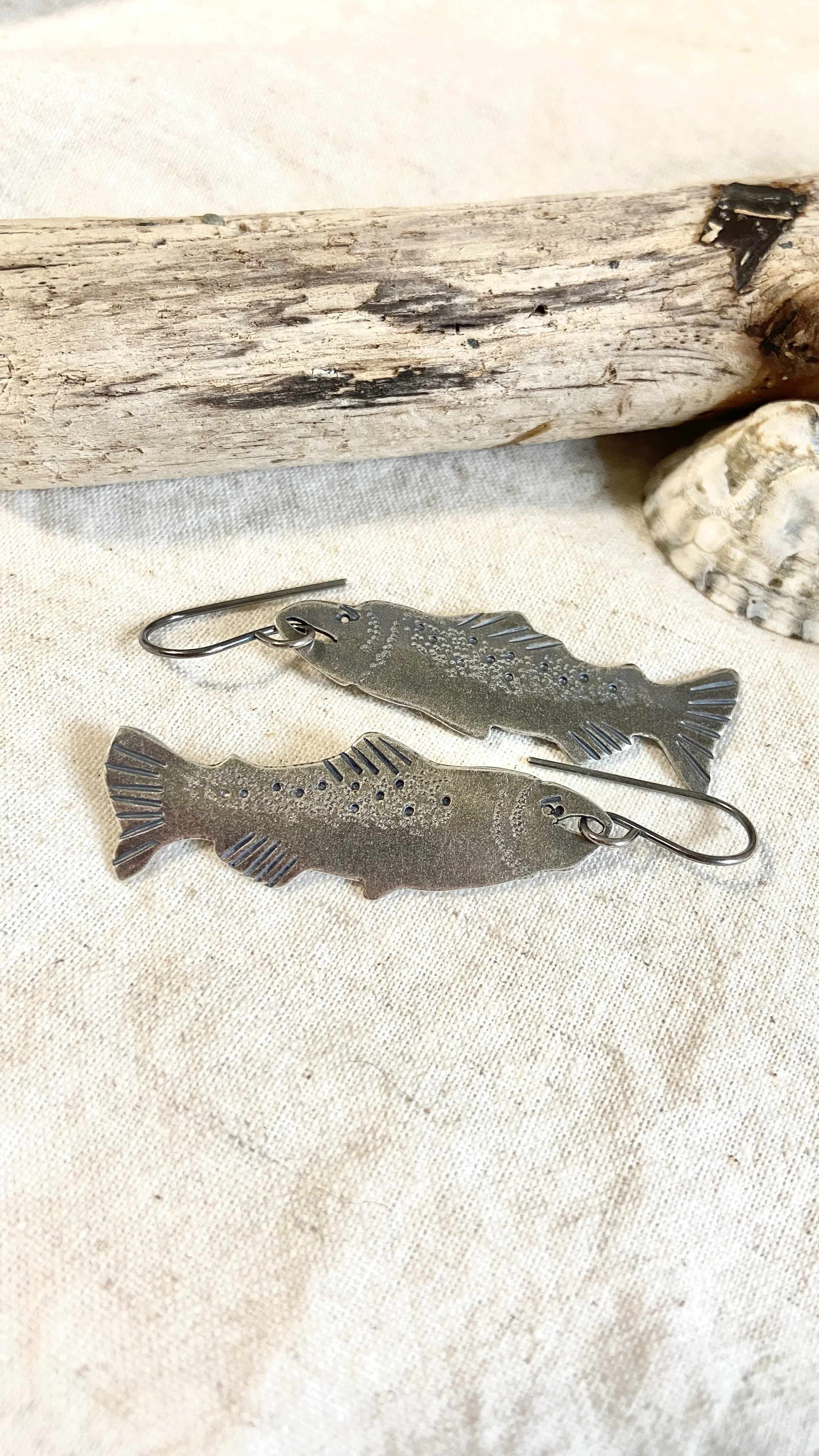 Hand Cut and Forged Sterling Chinook Salmon Earrings