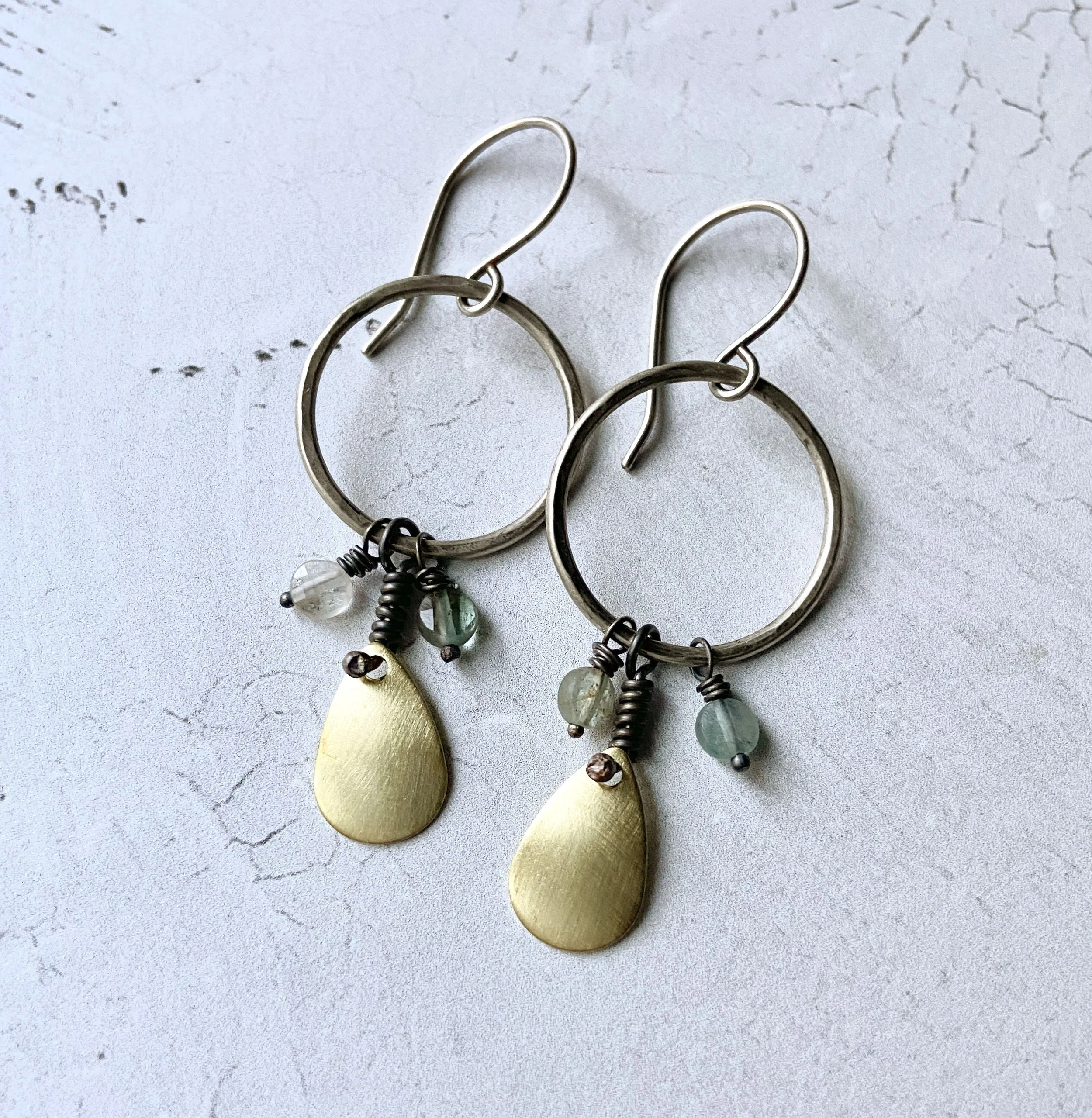 Dangly Silver Hoops with Brass and Aquamarine