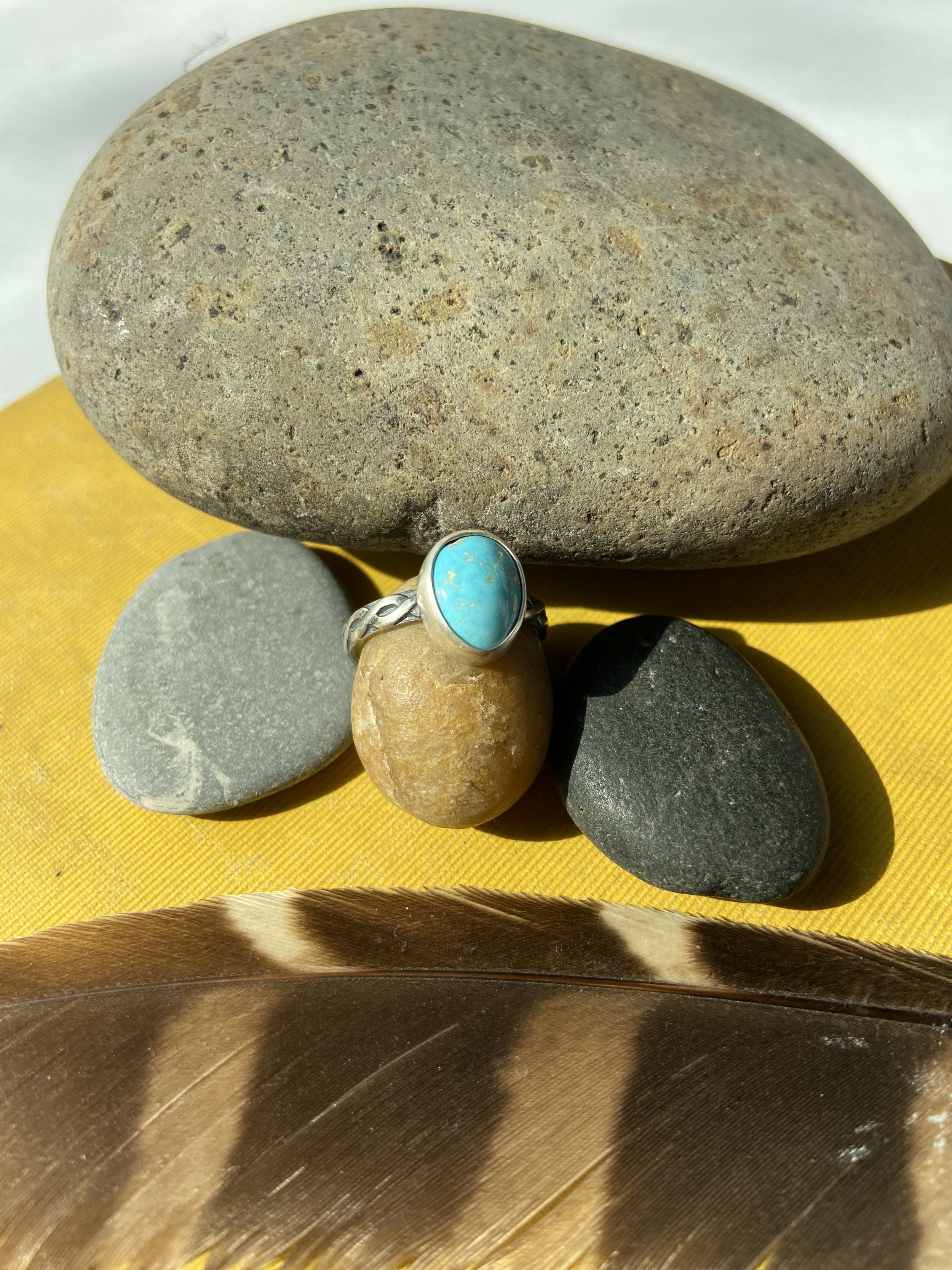 Little Happy Turquoise Silver Ring with Patterned Band