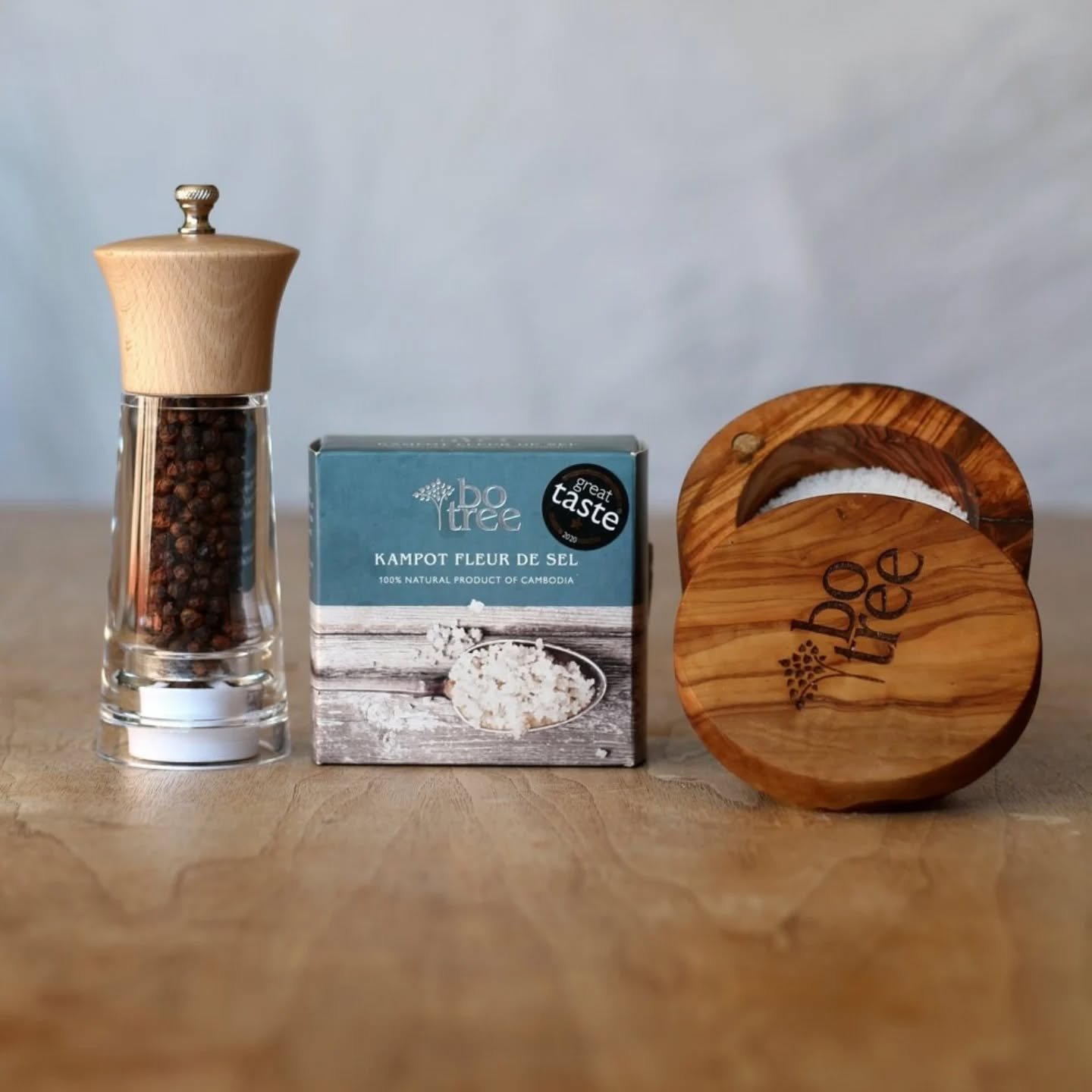 Our Salt and Pepper gift set is the perfect gift!

BoTree Pepper Ginder, pre-filled with our Black, Red or White Kampot Pepper

BoTree Olive Wood Salt Pot handcrafted from olivewood after the tree no longer bears fruit, the pot has a swivel lid with 