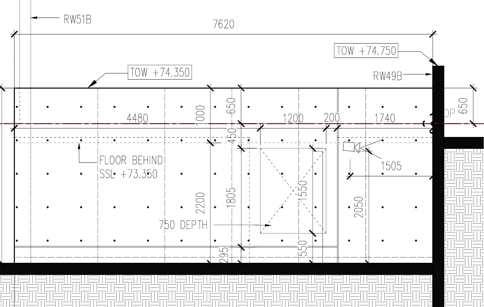 Elevation drawing of retaining wall with Aircon compressor opening