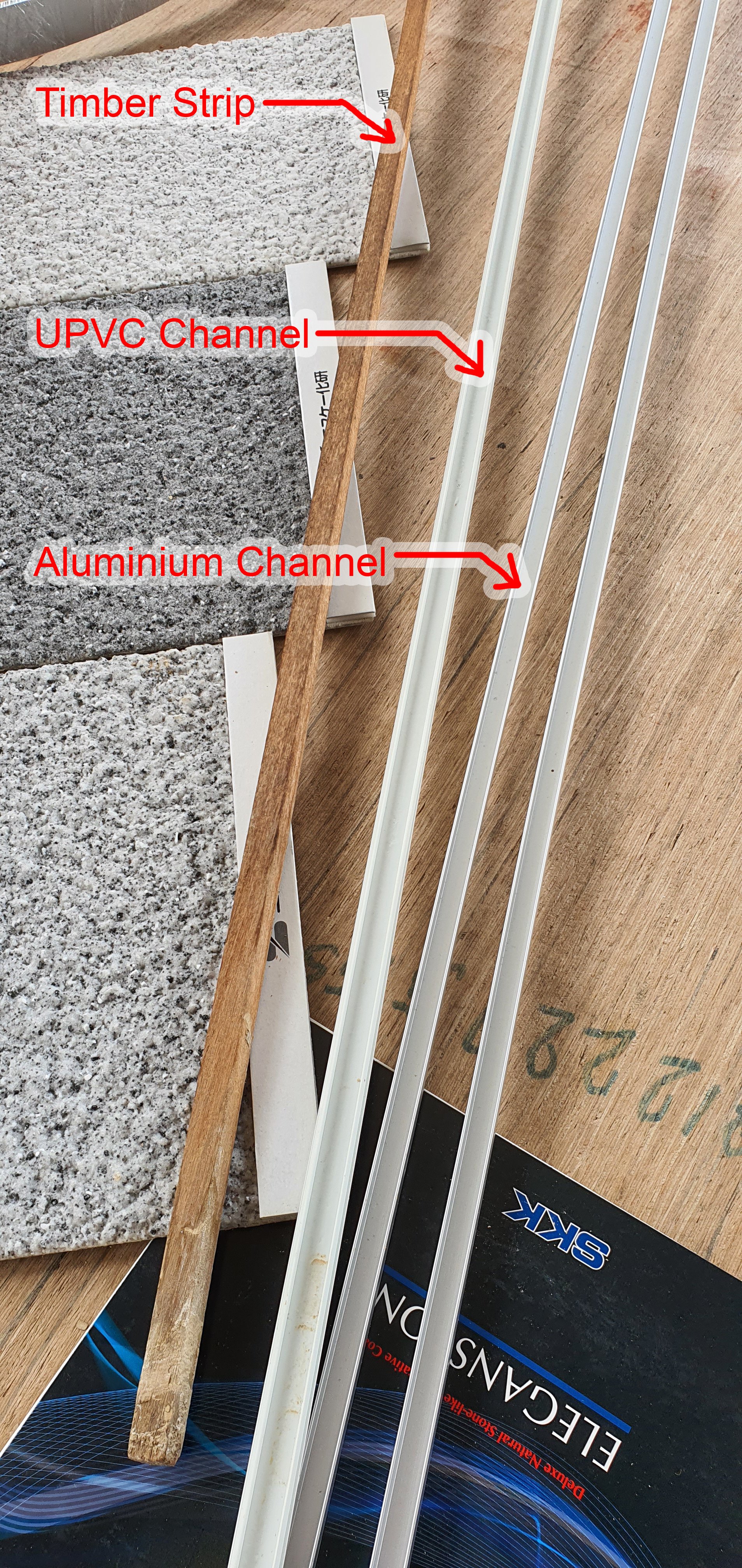Selected timber strip, UPVC channel, and aluminium channel to making groove lines