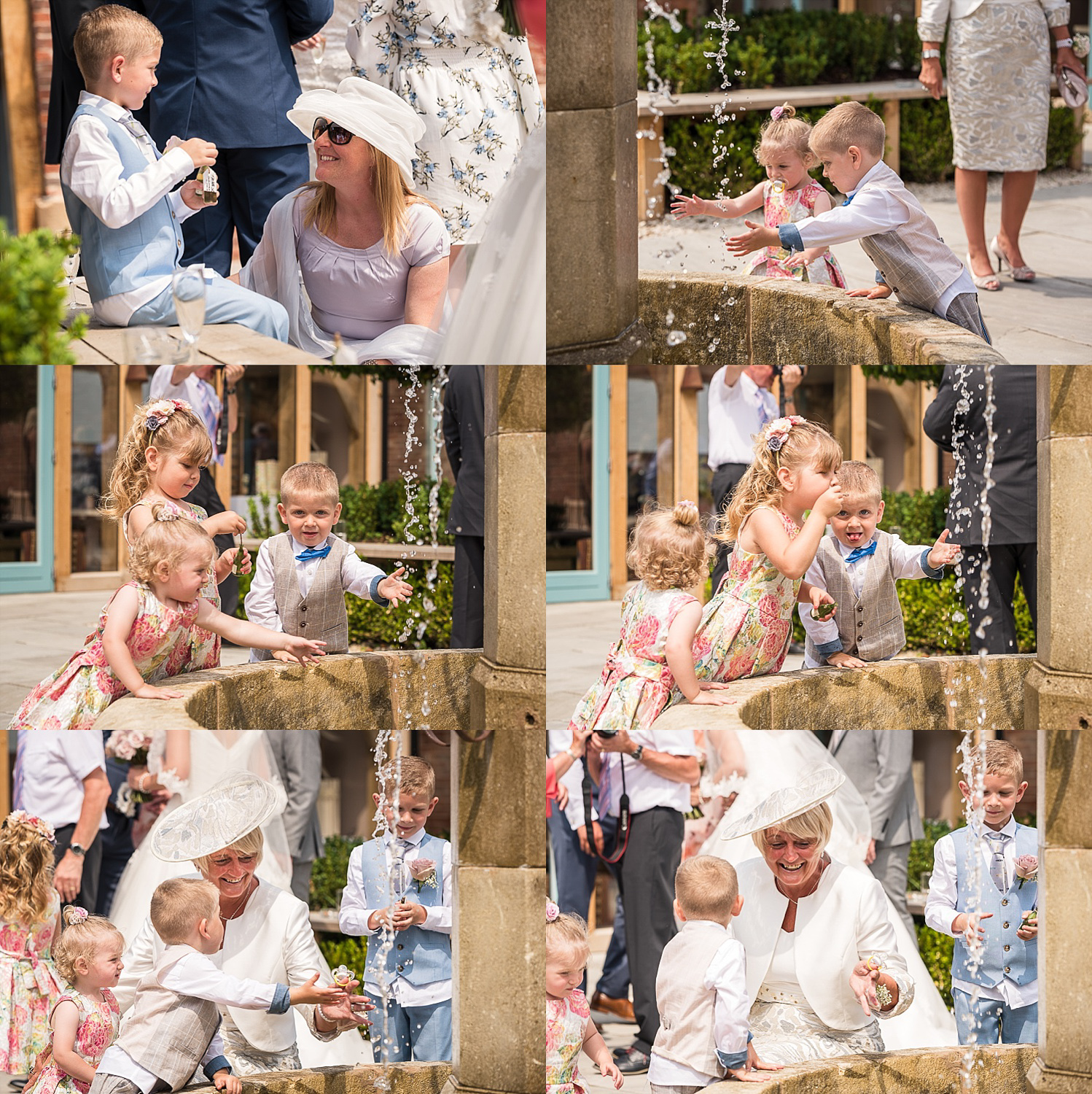 children playing with fountain barn courtyard wedding