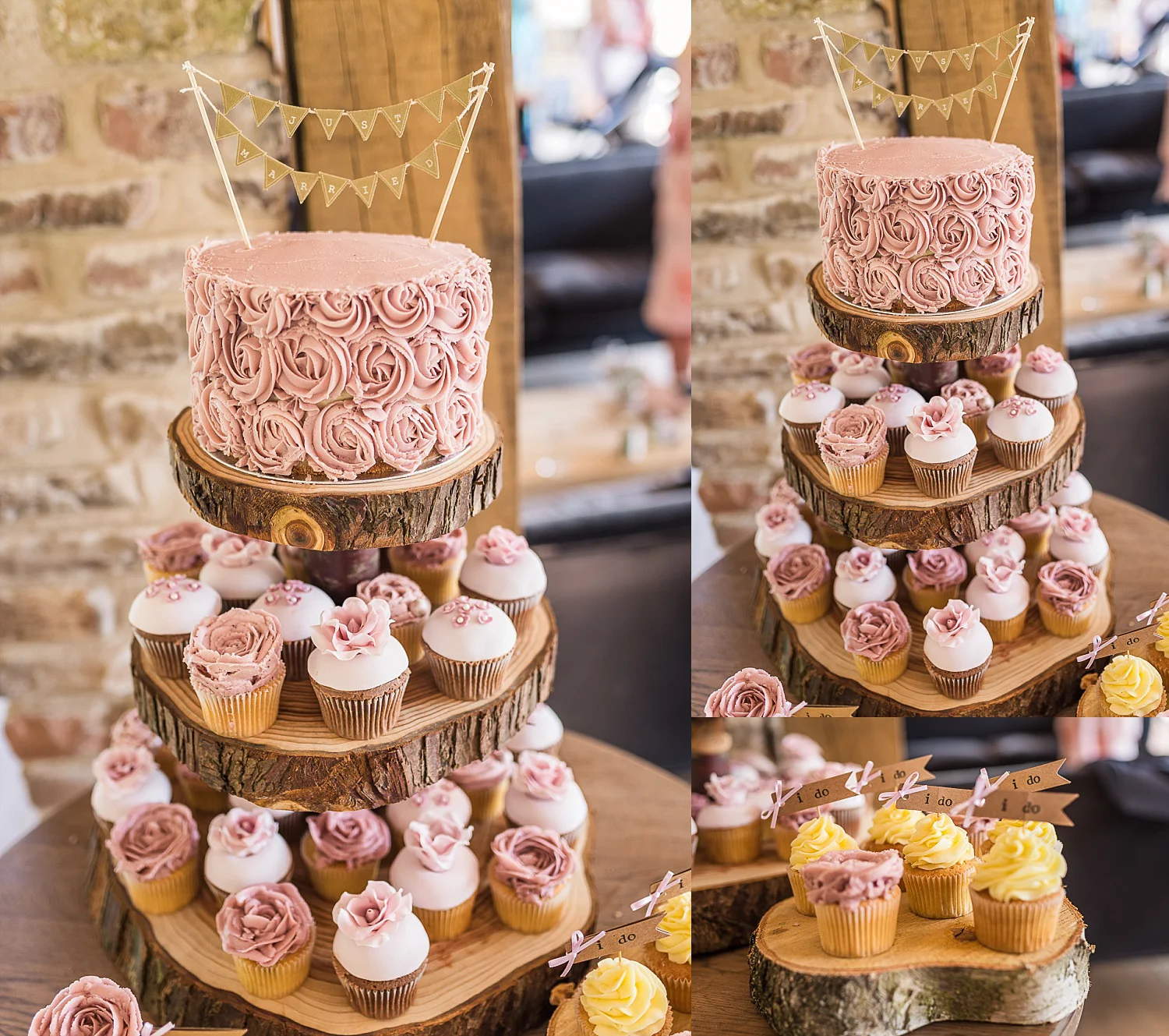 pastel coloured wedding cake with cup cakes