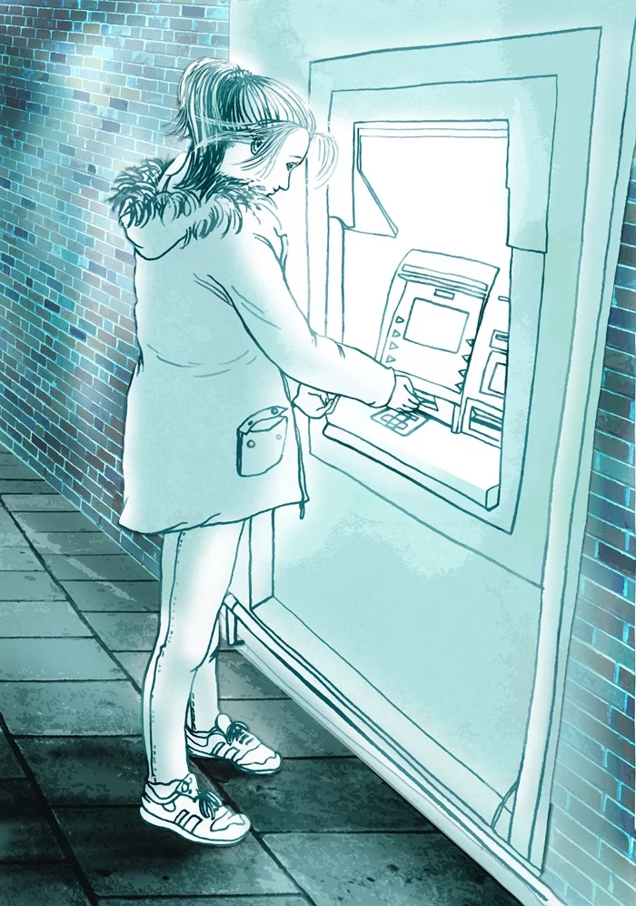 Girl using ATM machine illustration