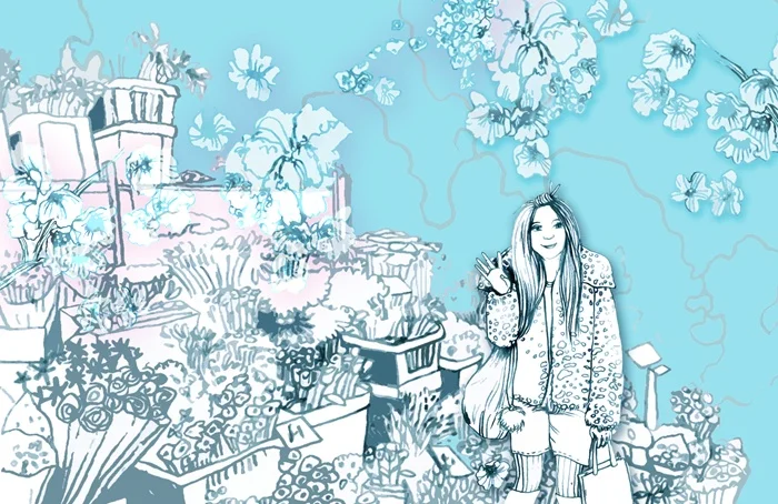 Illustration of a girl shopping flowers