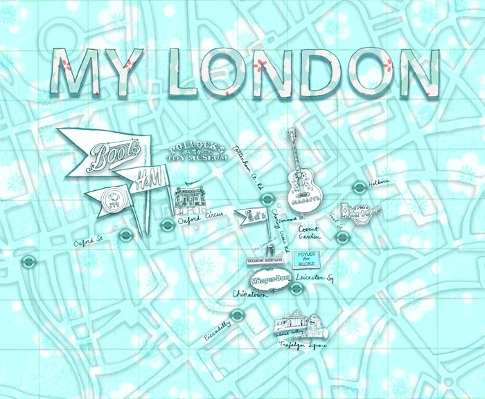 Map drawing of London city landmarks