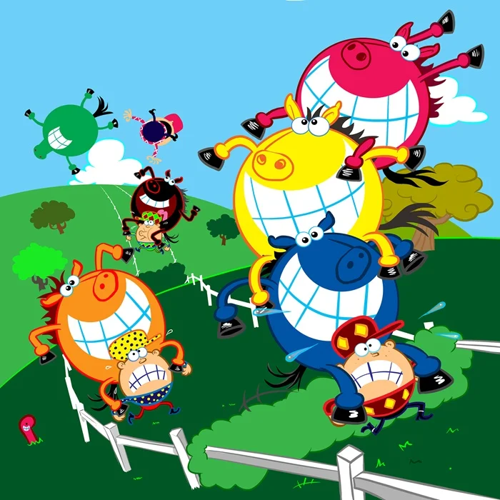 Cows having fun cartoon artwork