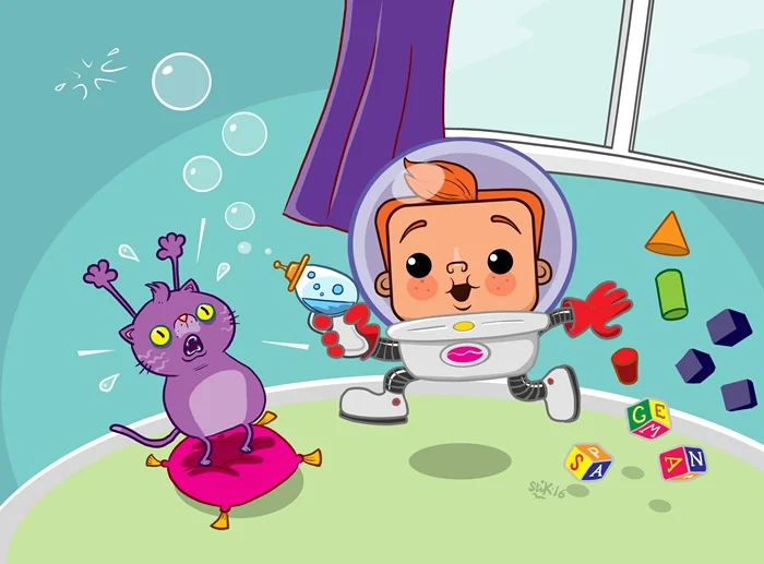 Illustration of kid playing with kitten