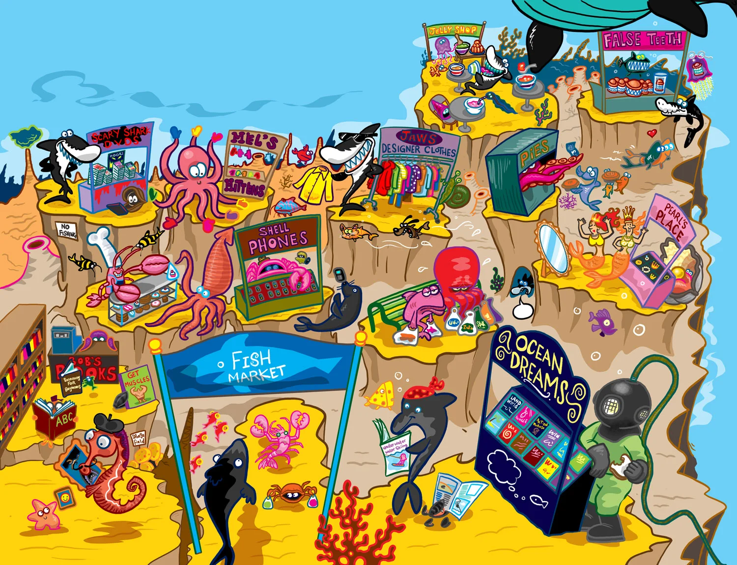 Beach market for aquatic animals illustration