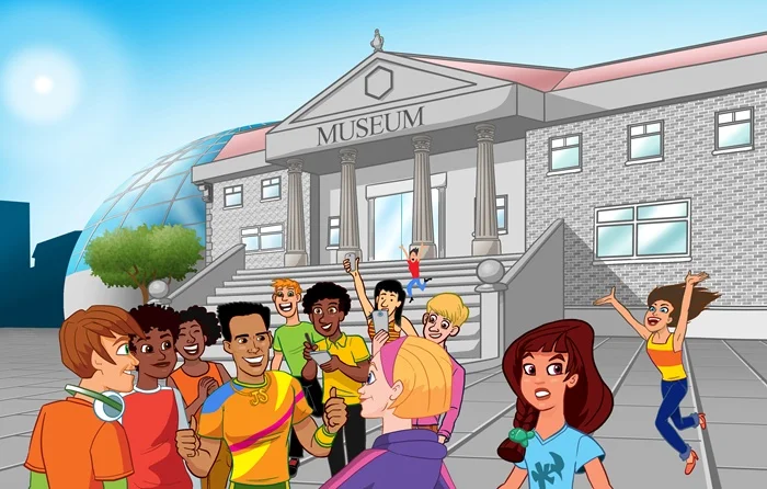 Illustration of people outside museum