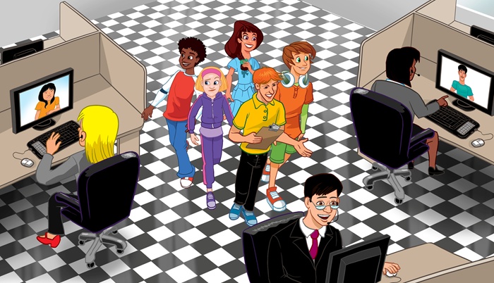 Teacher showing IT office to students illustration