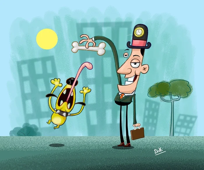 Cartoon man playing with dog