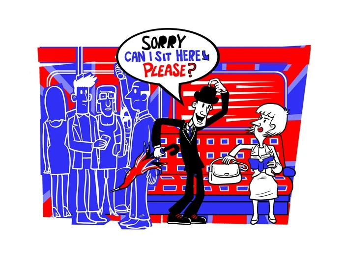 Digital illustration of subway train conversation