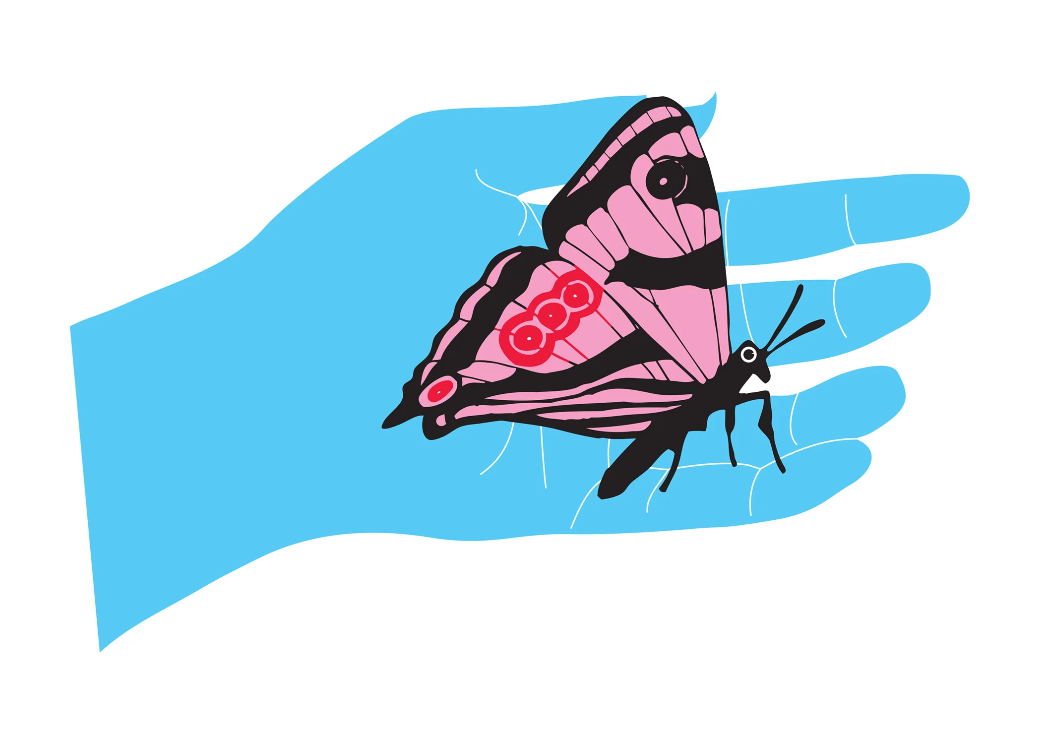 Illustration of blue hand holding butterfly