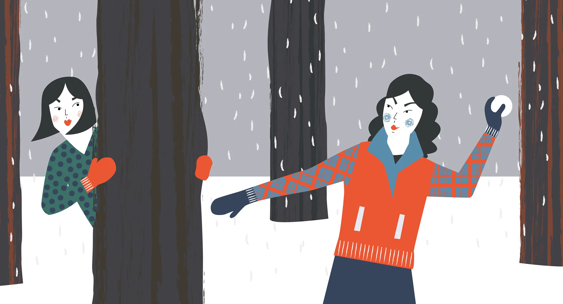Digital illustration of women enjoying snowball fight