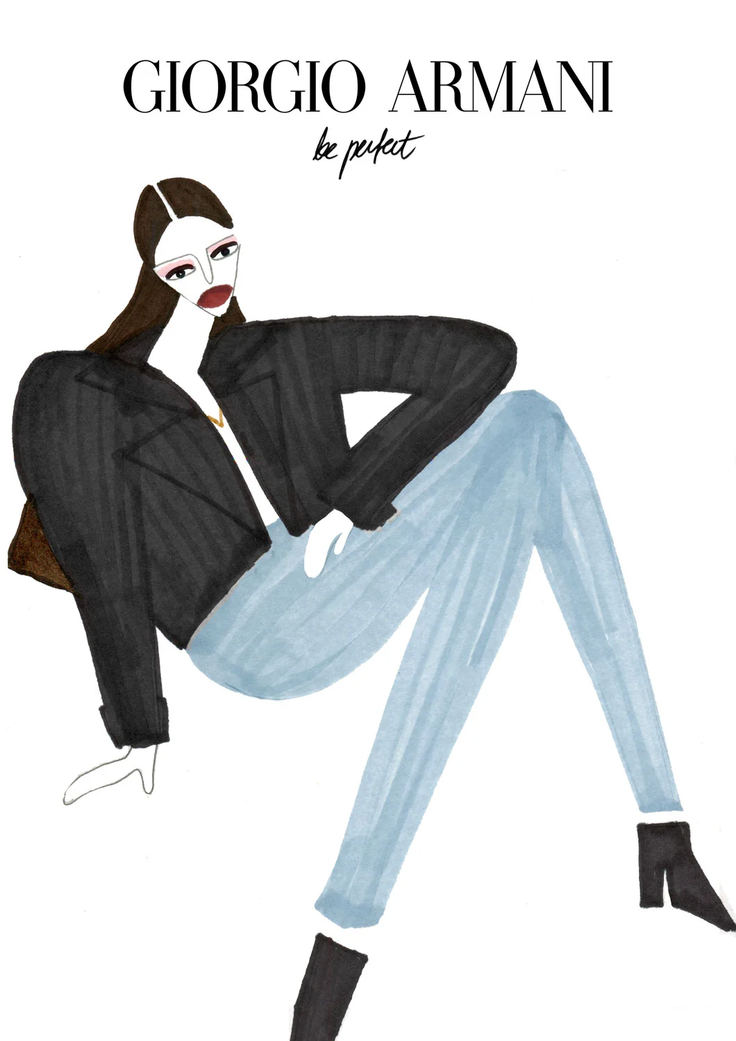 Fashion illustration for Giorgio Armani's model in black coat