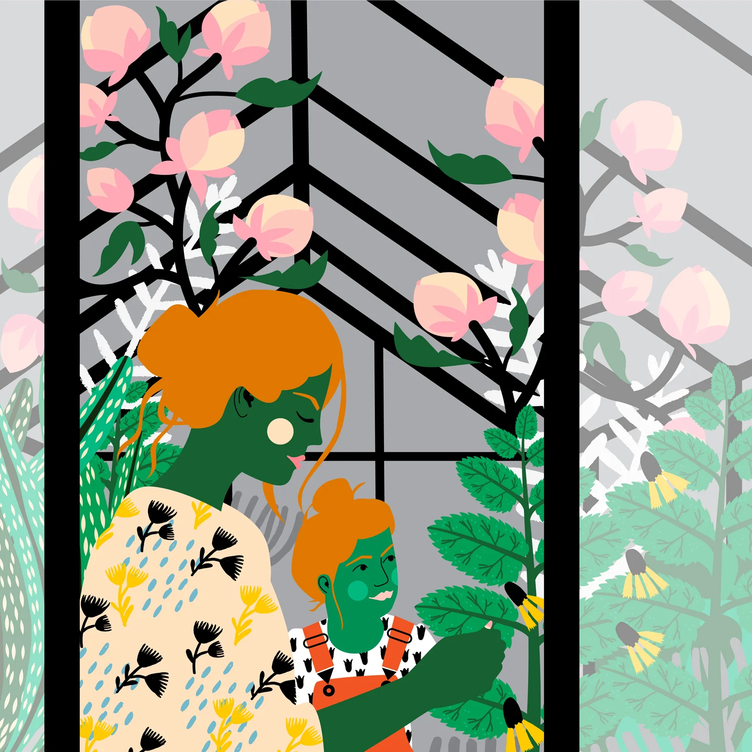 Illustration of mother-son enjoying in garden