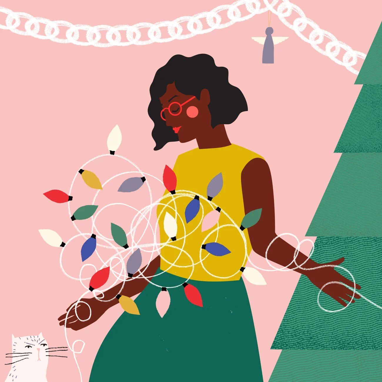 Illustration of girl tangling Christmas lights