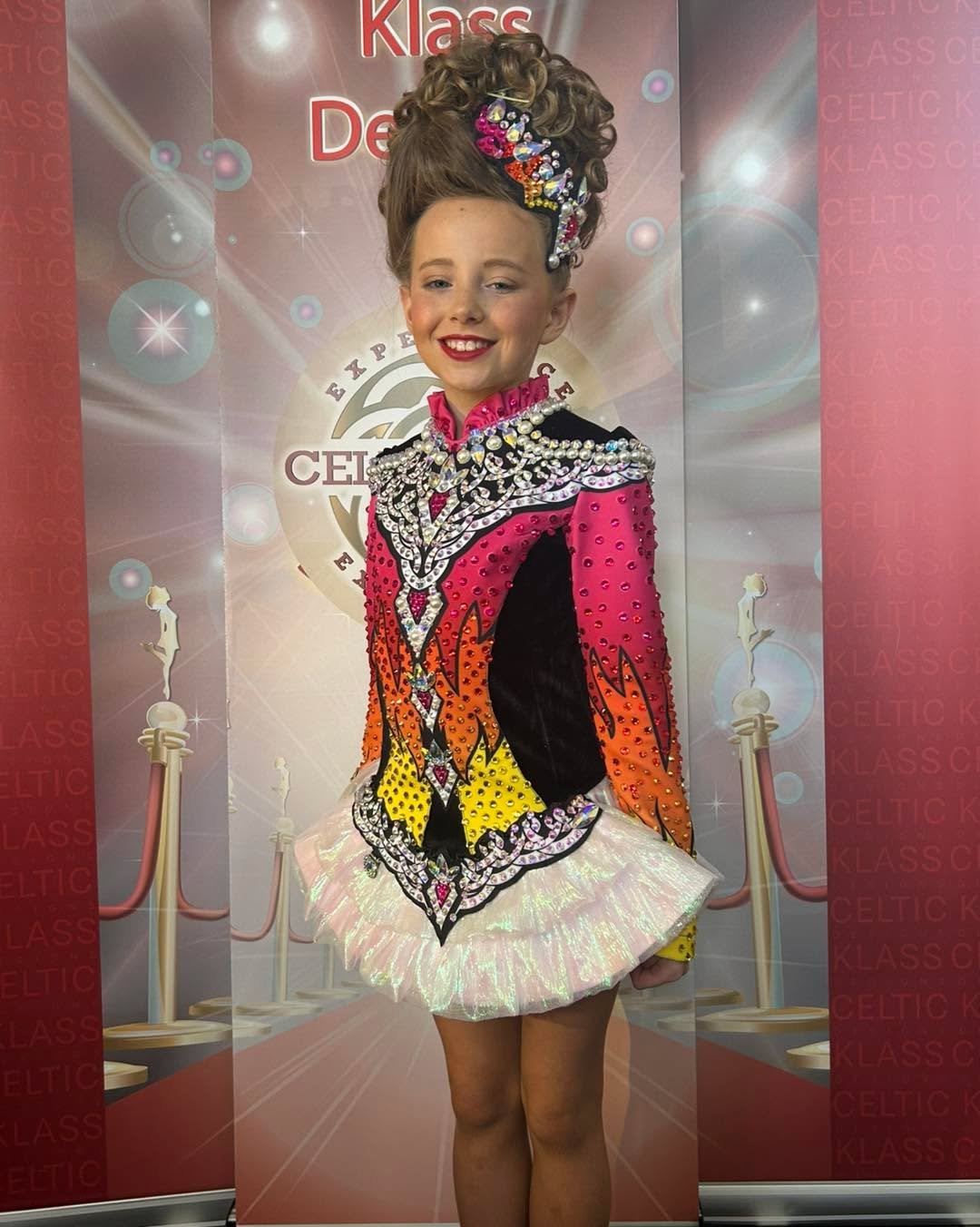 ✨ Aoife&rsquo;s first solo dress ✨
Bright, bold, fun &amp; full of sparkle &mdash; made for the stage 💖
From fabric to feis, this gorgeous U10 is ready to shine ✨
 The spotlight is calling 🌟💃 #irishdancesolodress #experienceexcellence #thatsklass 