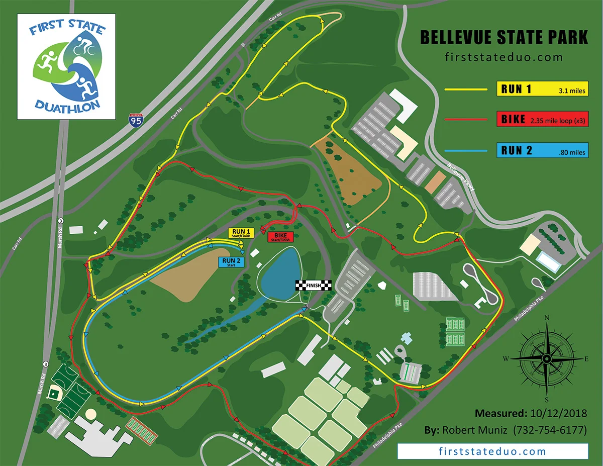 This map reflects the First State Duathlon course at Belleveue State Park. Click to see or download the PDF of the map here .