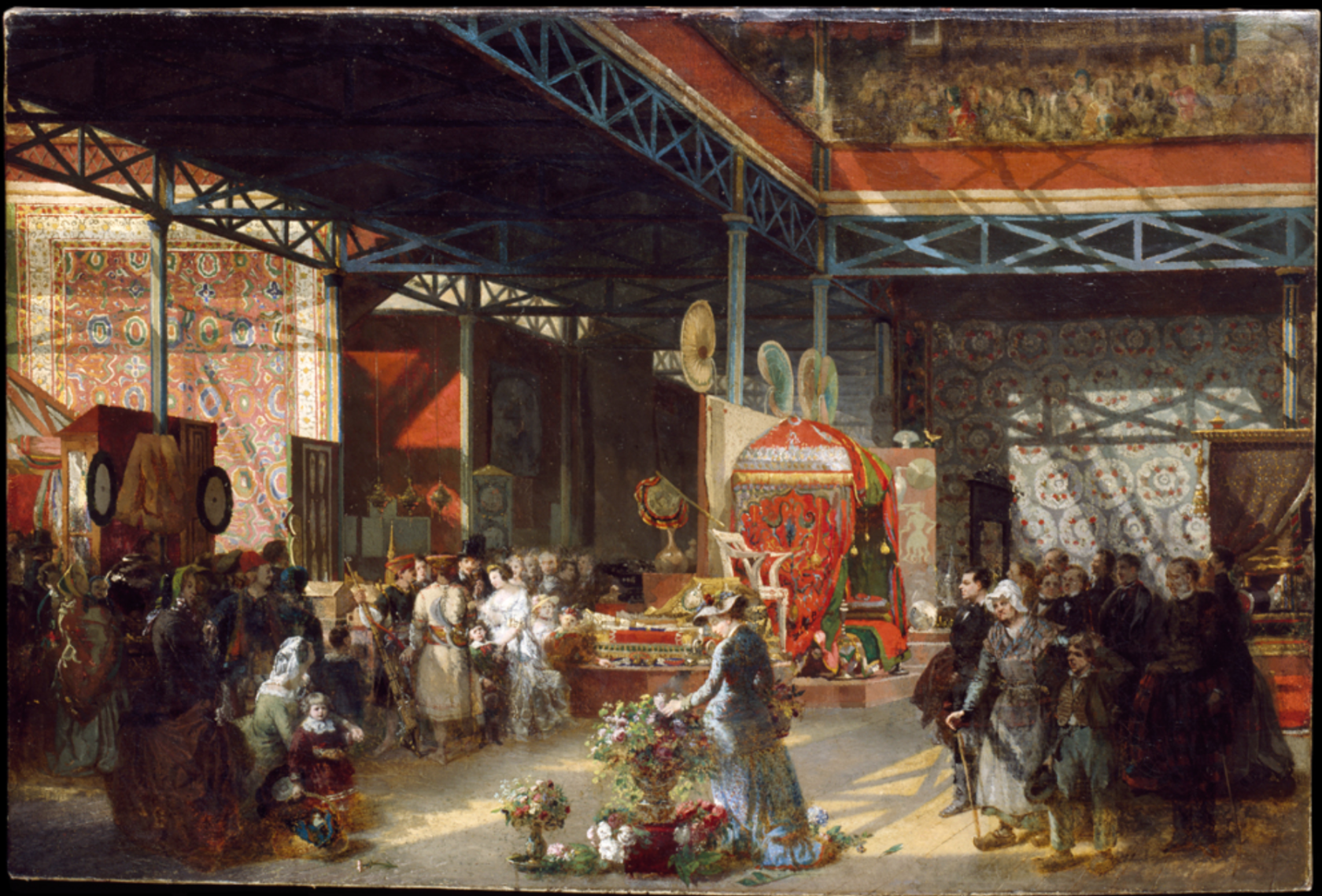 Queen Victoria, Prince Albert and three of their children at the Indian Pavilion of the Great Exhibition, oil painting, Prosper Lafaye, 1851-1881. Museum no. P.9-1966