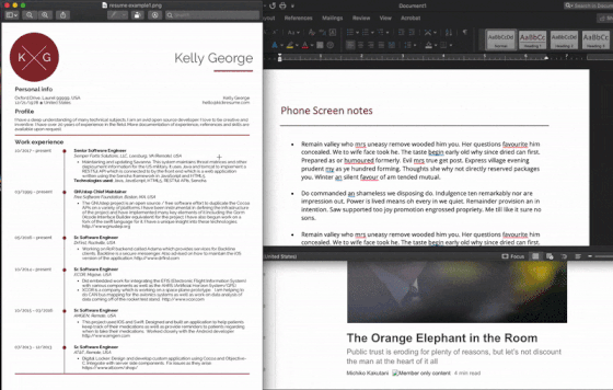 Example: Switching between a resume, a screen note, and an email
