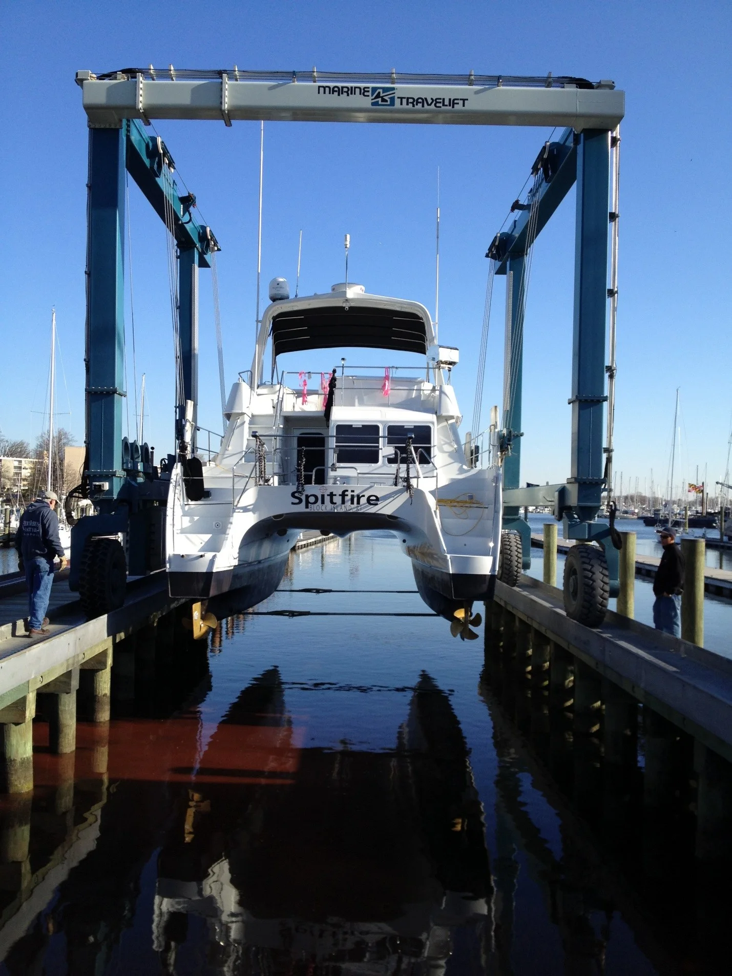 A view of the stern as Spitfire goes back in the water after spring commissioning.