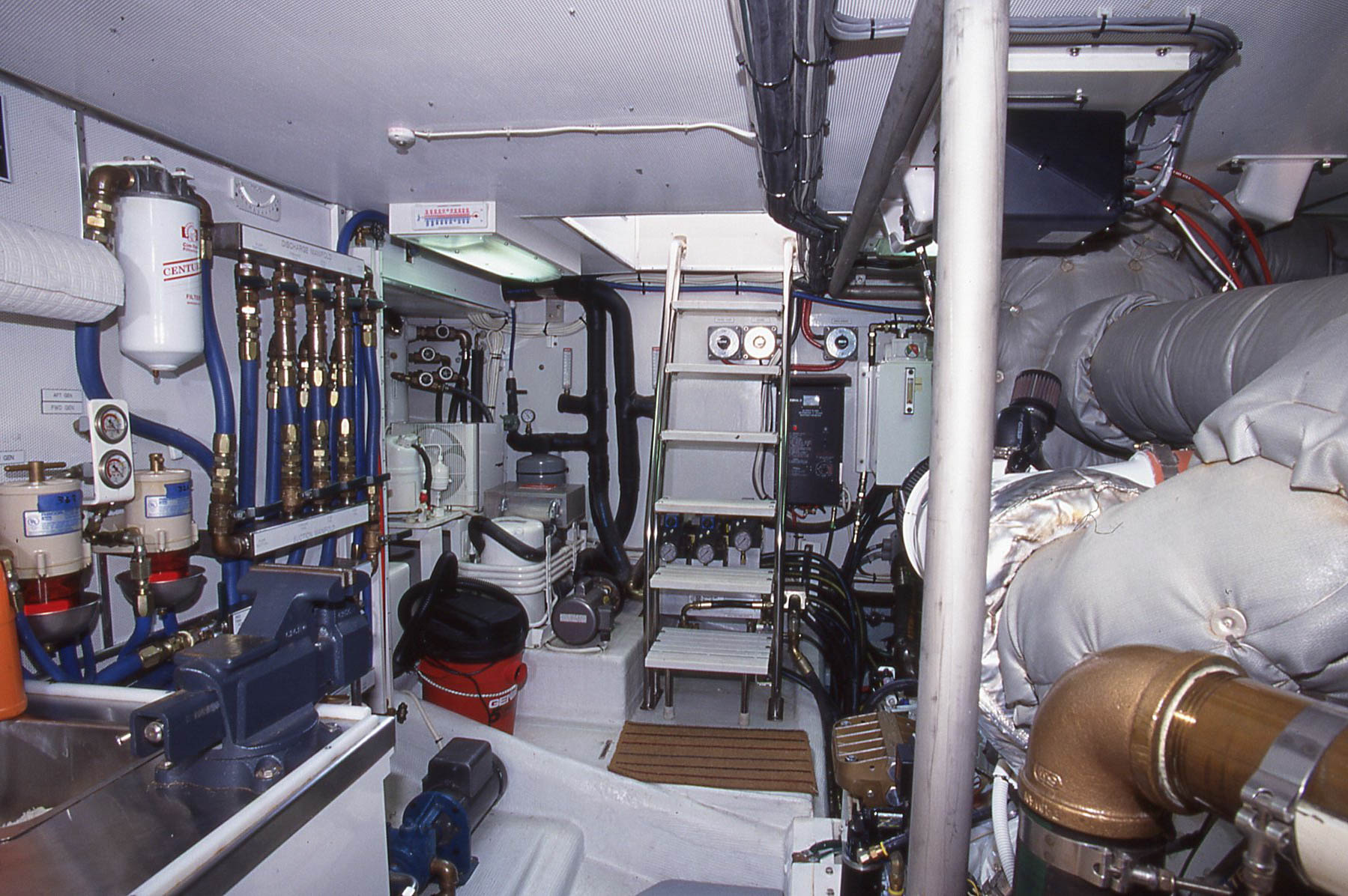 A very professional engine room done by a builder familiar with the commercial fishing boats that work the waters off Alaska.