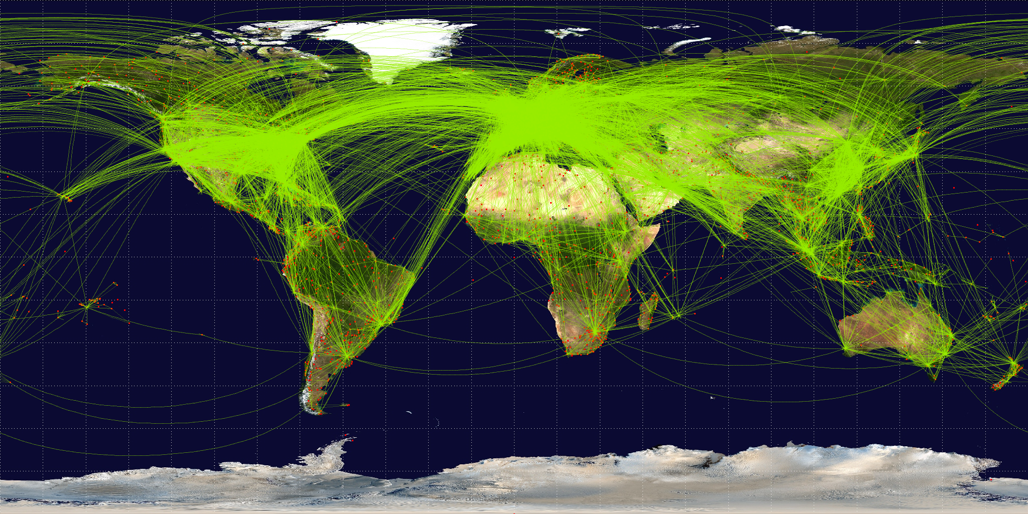 With a couple of exceptions, the spider web of air traffic routes of commercial passenger and cargo aircraft crisscross the traditional cruising routes around the world.