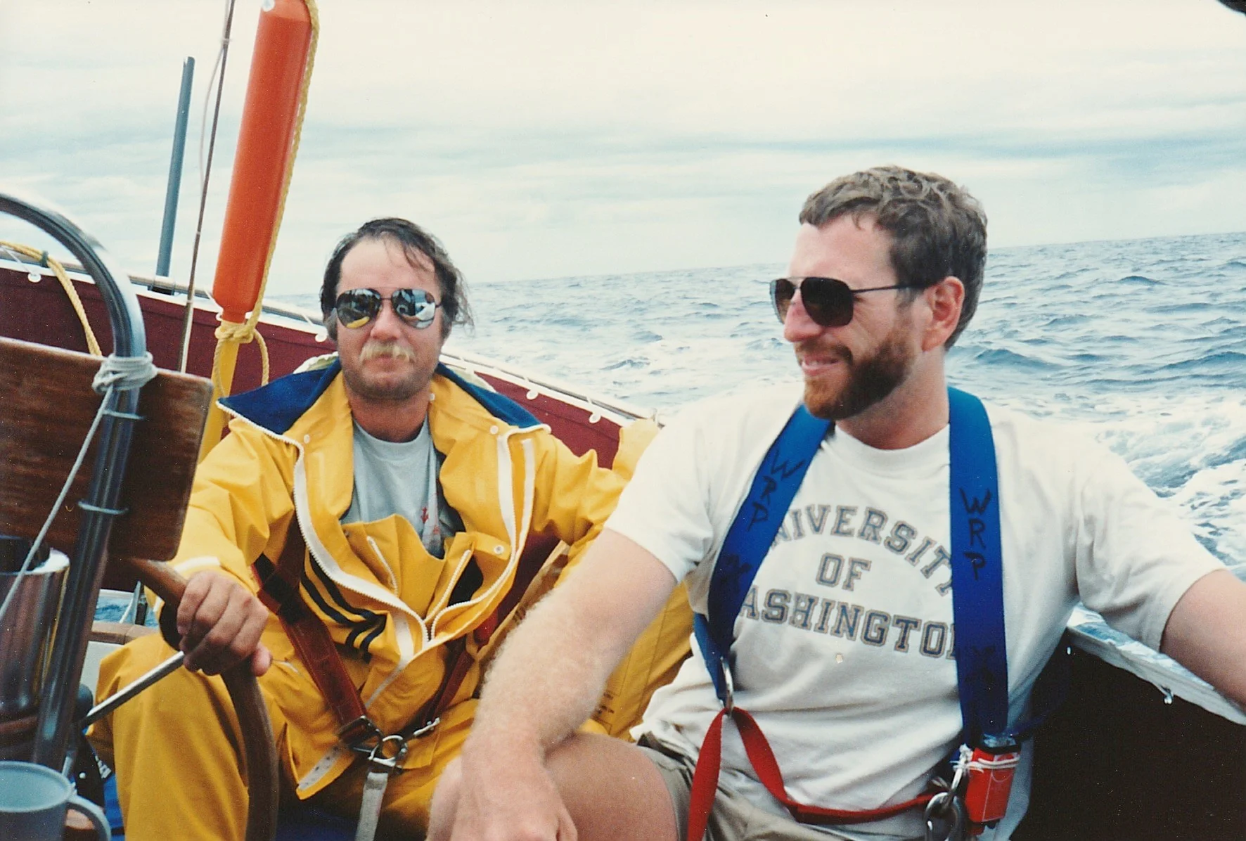 Racing to Bermuda in the '80s. This helmsman was so seasick he could not go below almost the entire race. I smashed my nose the night before when a big wave rolled us and I slipped on the slippery varnished companionway slides. One MD crew member said it was not broken and that I would live...