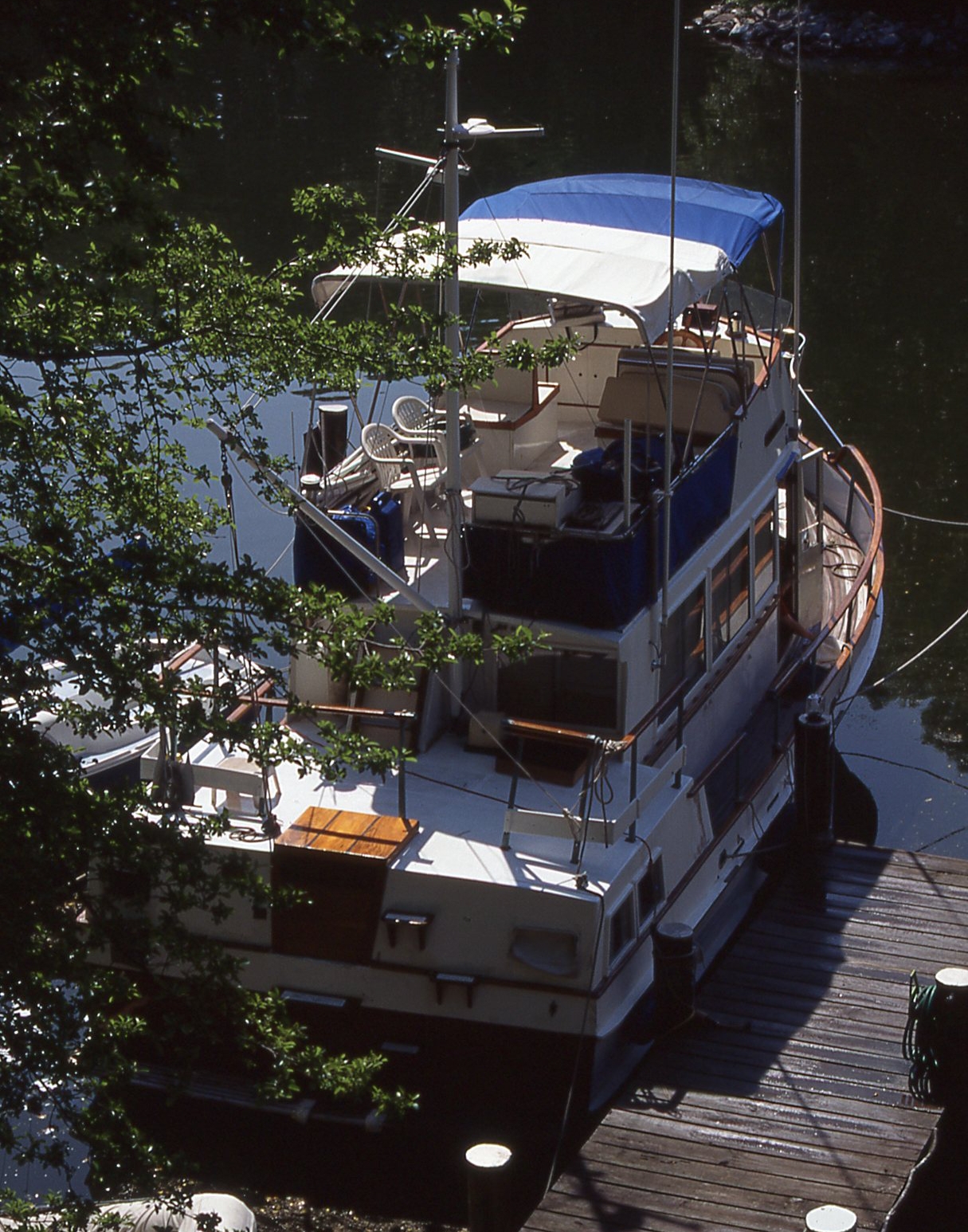Looking down at Stormy Petrel , and how she is outfitted for extensive coastal cruising. Who really needs more than that?