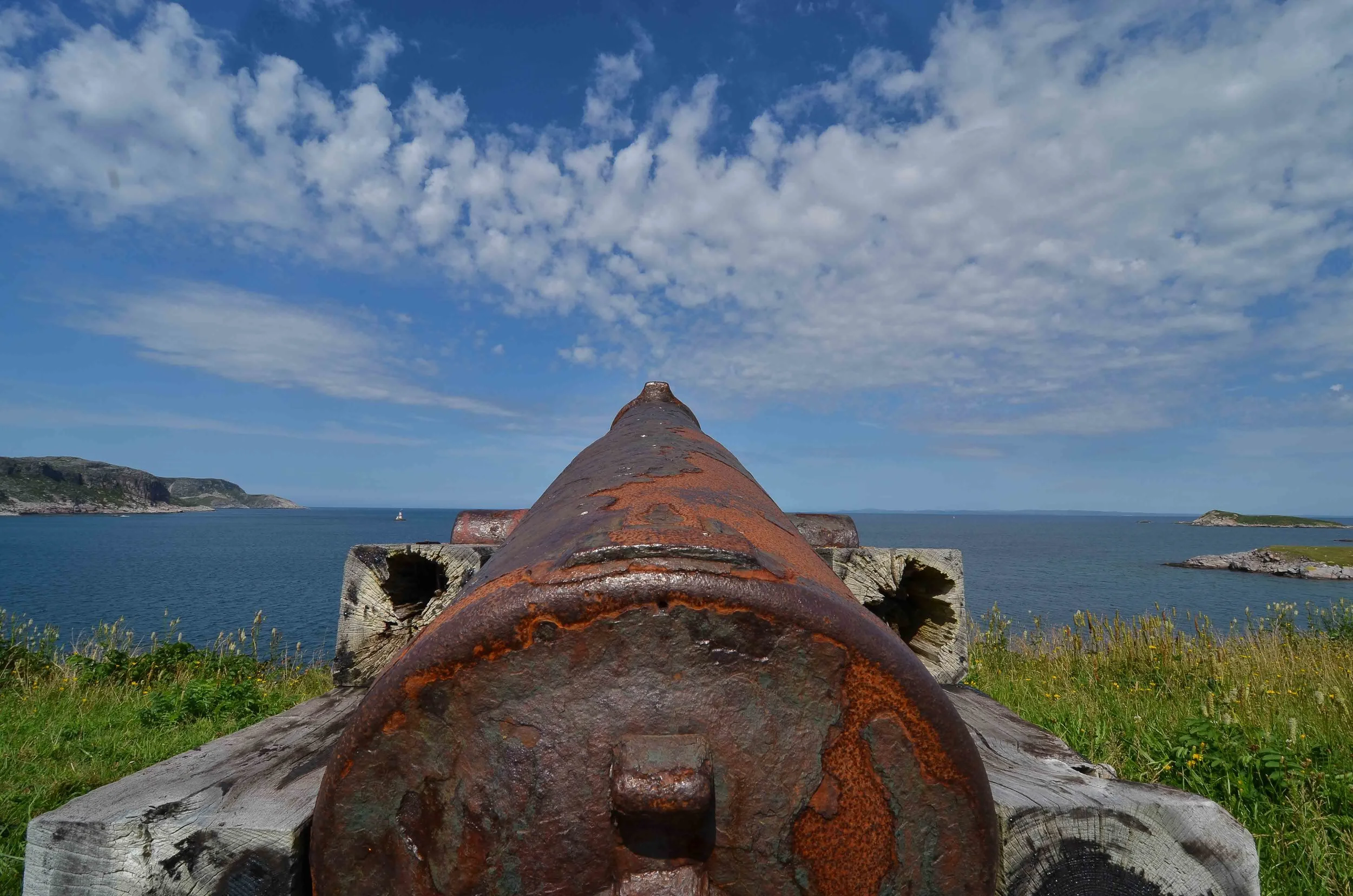 Cannon protecting the harbor entrance to St Pierre. The fort was at the north end of the outlying island of restored fisherman’s homes.