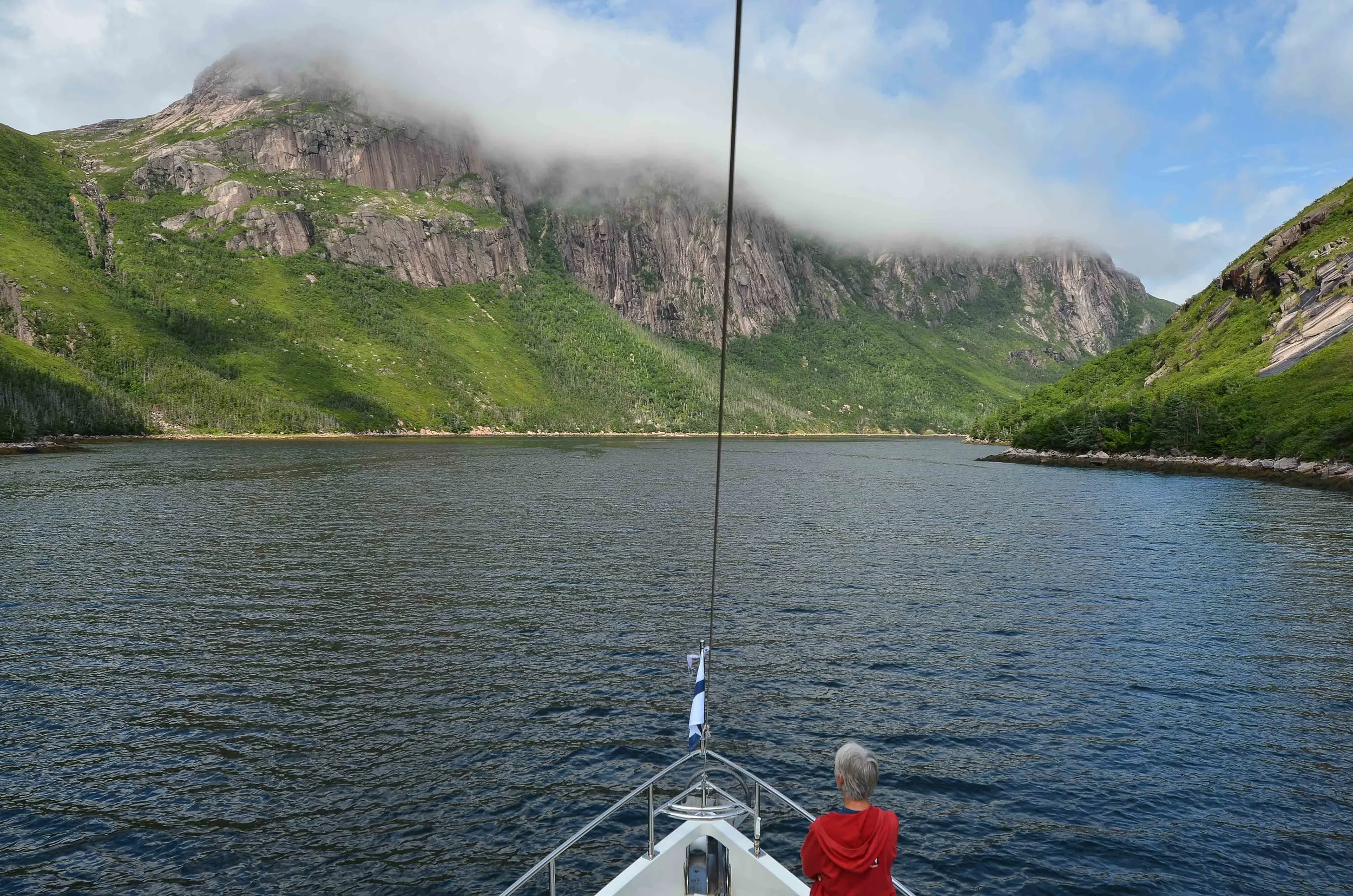 Egret entering a fjord on a clear morning. What was up around the corner? We didn’t have a clue. That’s what cruising is all about. Another mini adventure and something new to see.