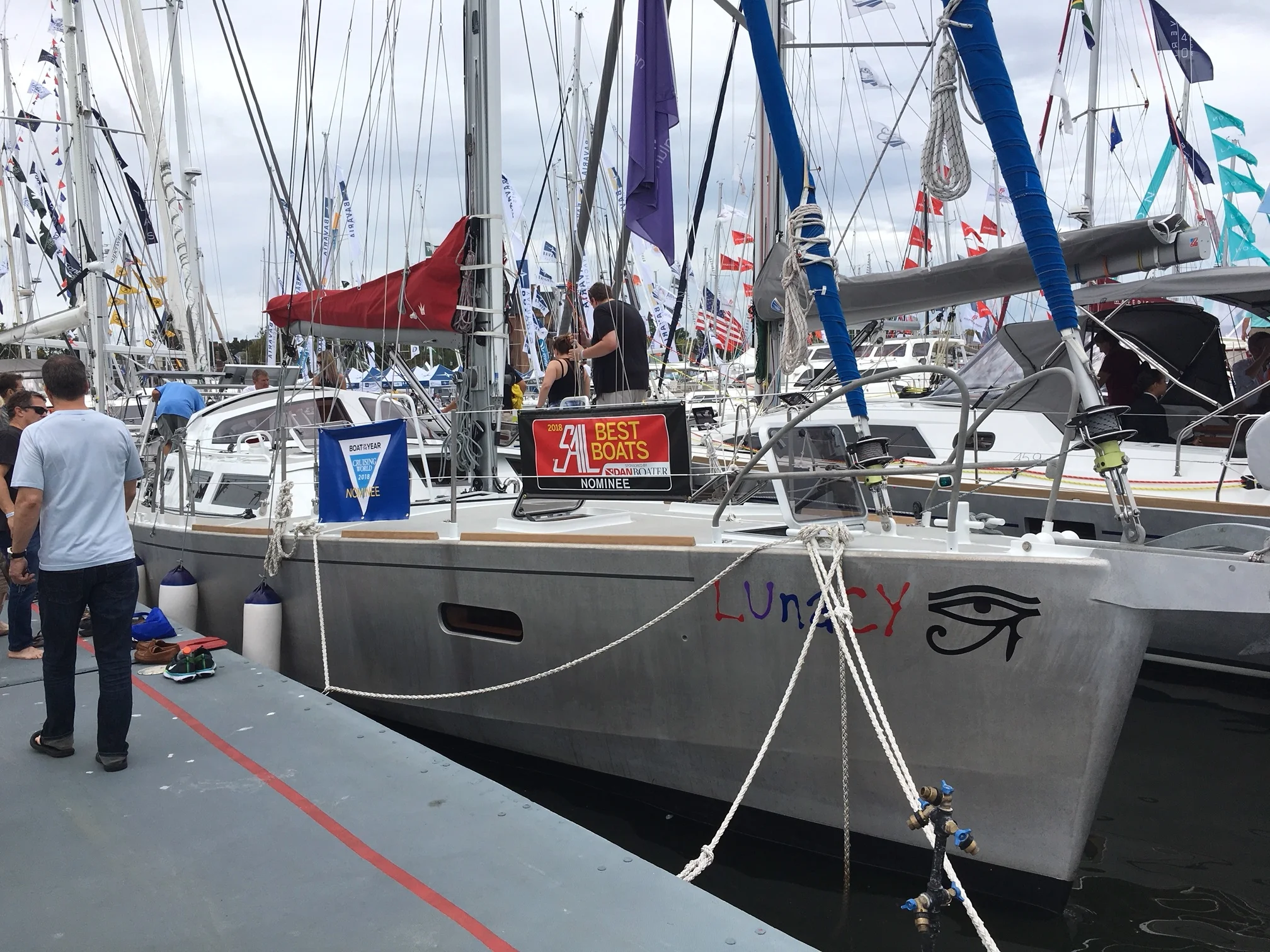 Crowds waited to go aboard the many boats. This new Boreal 47 belongs to Charlie Doane, editor at Sailing. A very cool boat, well suited for high latitude sailing among the bergy bits.