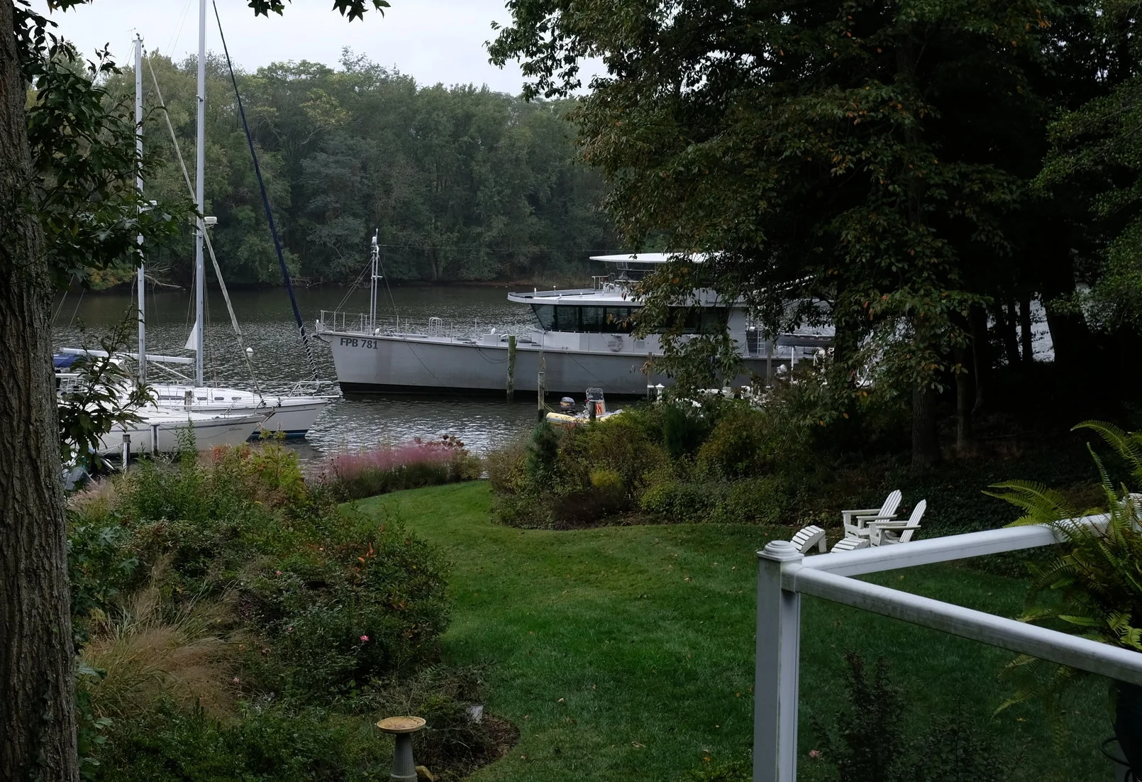 Cochise  at our dock. Thankfully we had sufficiently high piling because our previous power catamaran,  Spitfire , had decks that were six feet above the water.